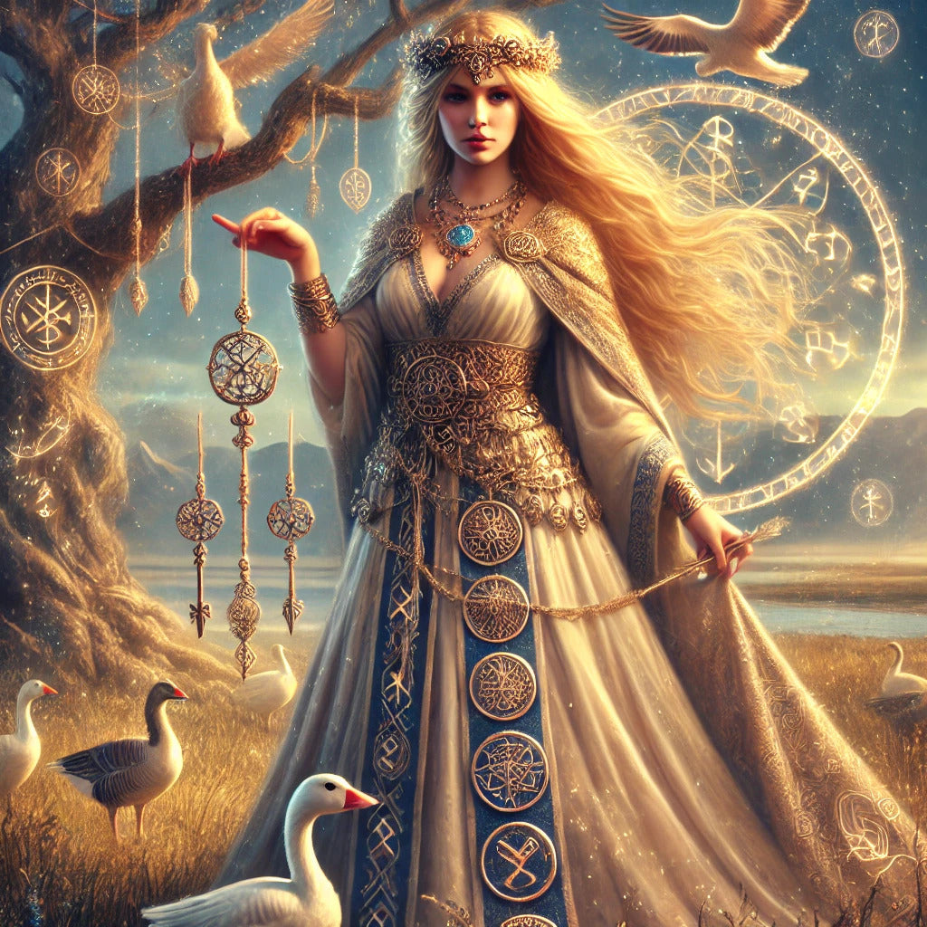 Framed Frigg Norse goddess wall art beneath Yggdrasil representing fate and foresight