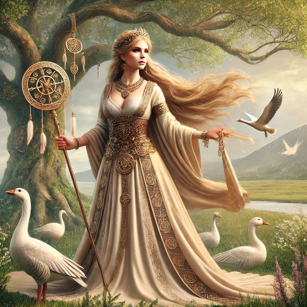 Framed Frigg Norse goddess wall art depicting the All-Mother in a woodland sanctuary