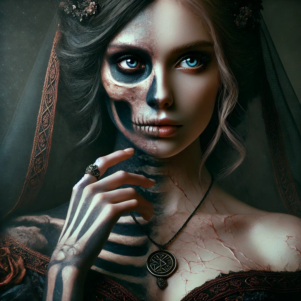 Framed Hel Norse goddess wall art showing dual form of life and death