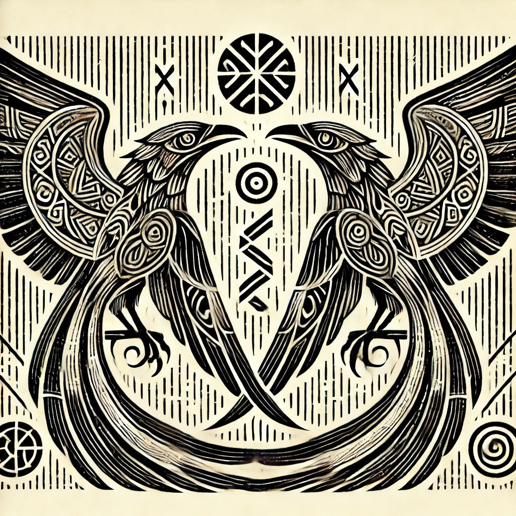 Framed Hugin and Munin woodcut art print with Odin’s ravens flying over runes