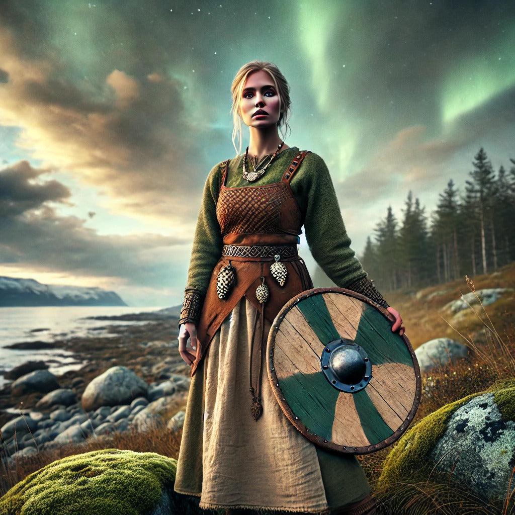 Framed Viking woman wall art showing warrior’s wife standing guard under northern lights