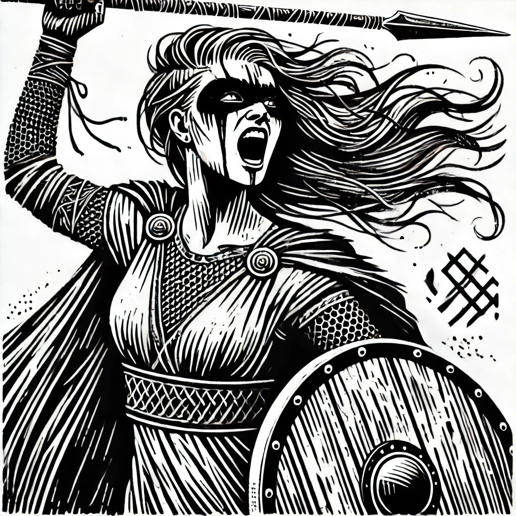 Framed Viking shieldmaiden woodcut art print with spear, shield, and war cry