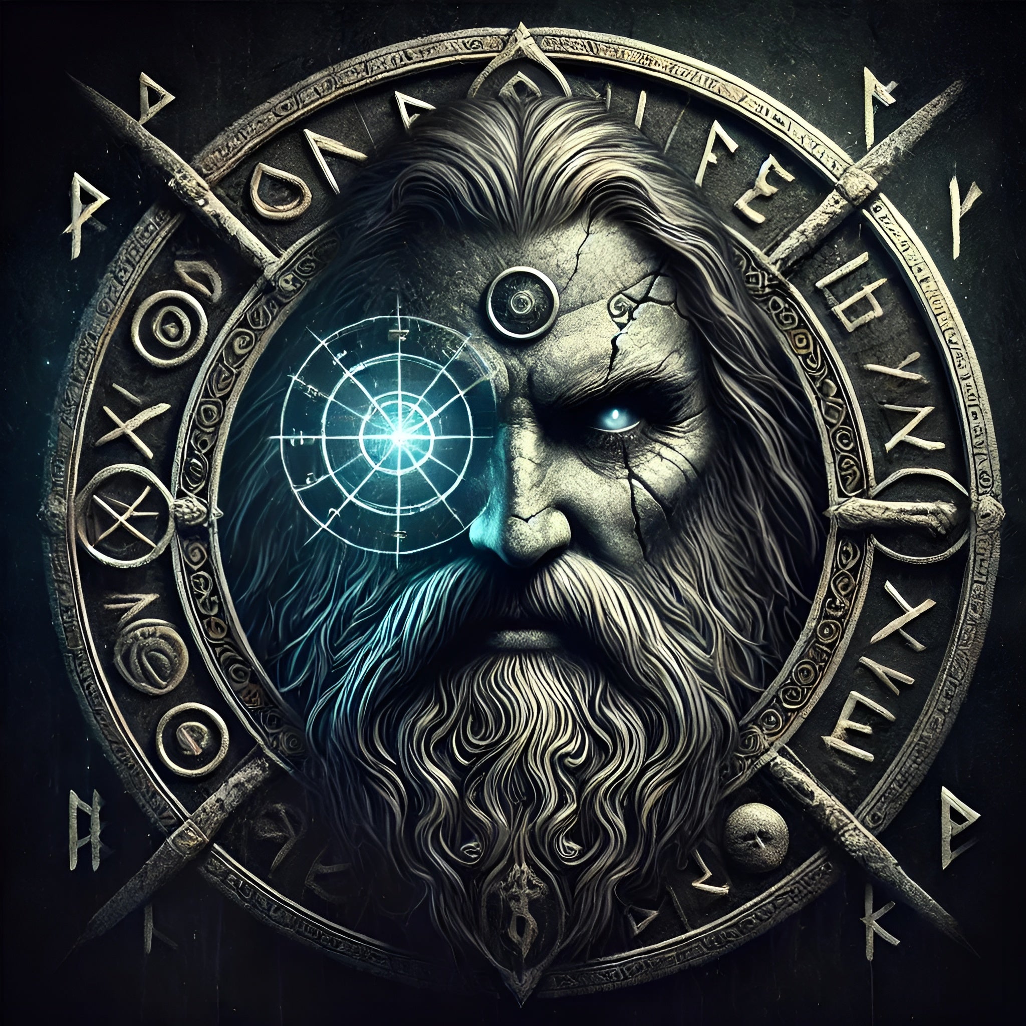 Framed Norse god wall art depicting Odin with runes and one-eyed gaze