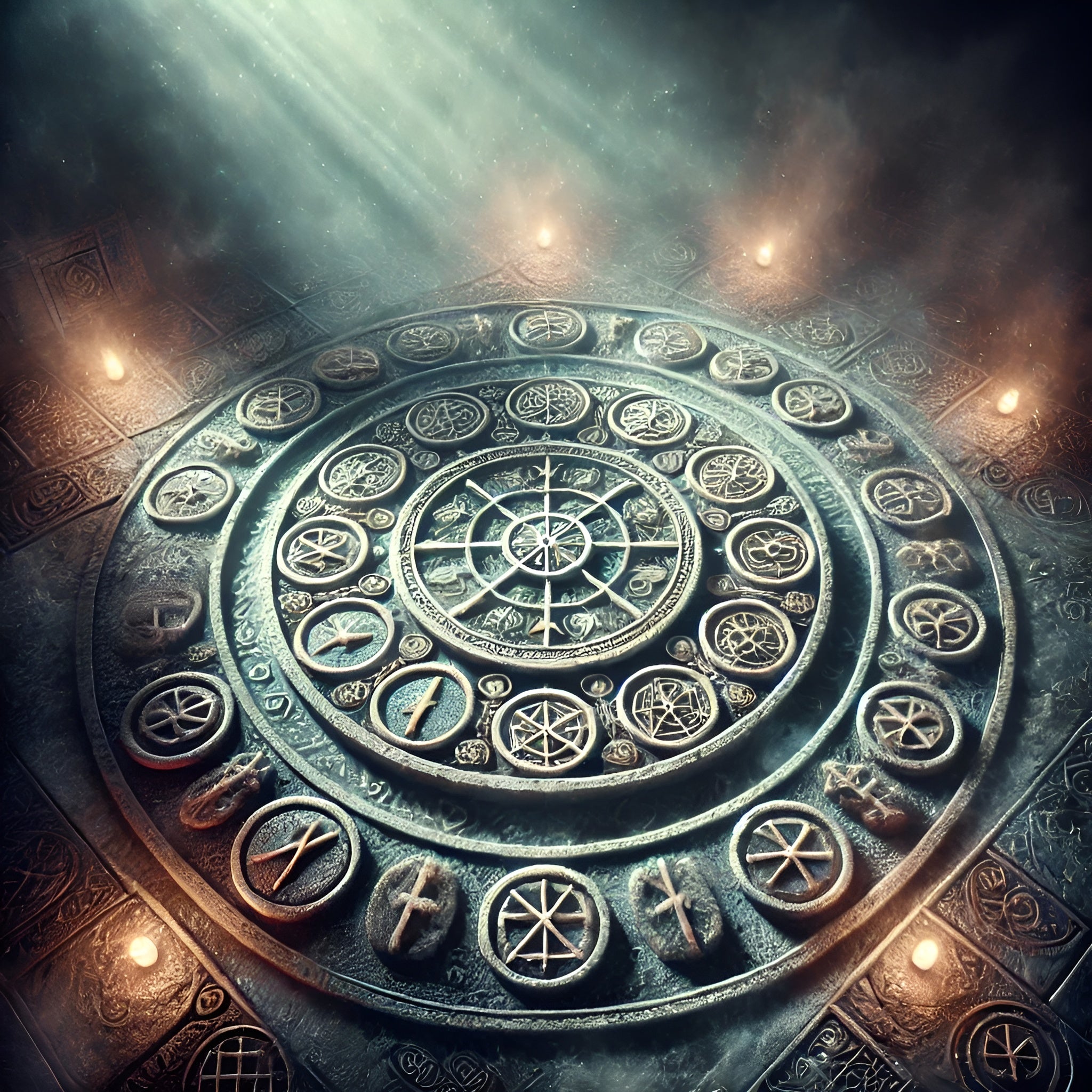 Framed Norse runic wall art featuring a circle of Elder Futhark symbols