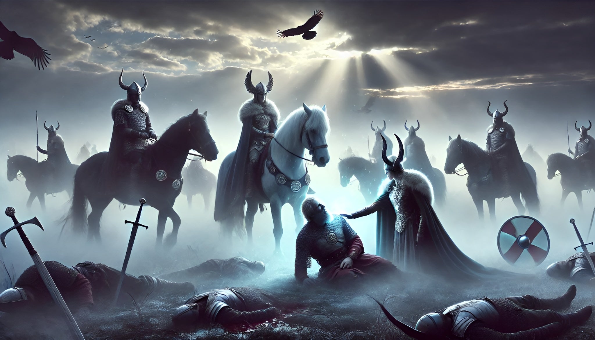 Framed Norse mythology poster showing Valkyries gathering fallen warriors on a misty battlefield