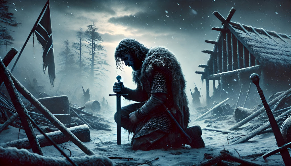 Framed Viking saga wall art showing a kneeling warrior amid a destroyed village in winter