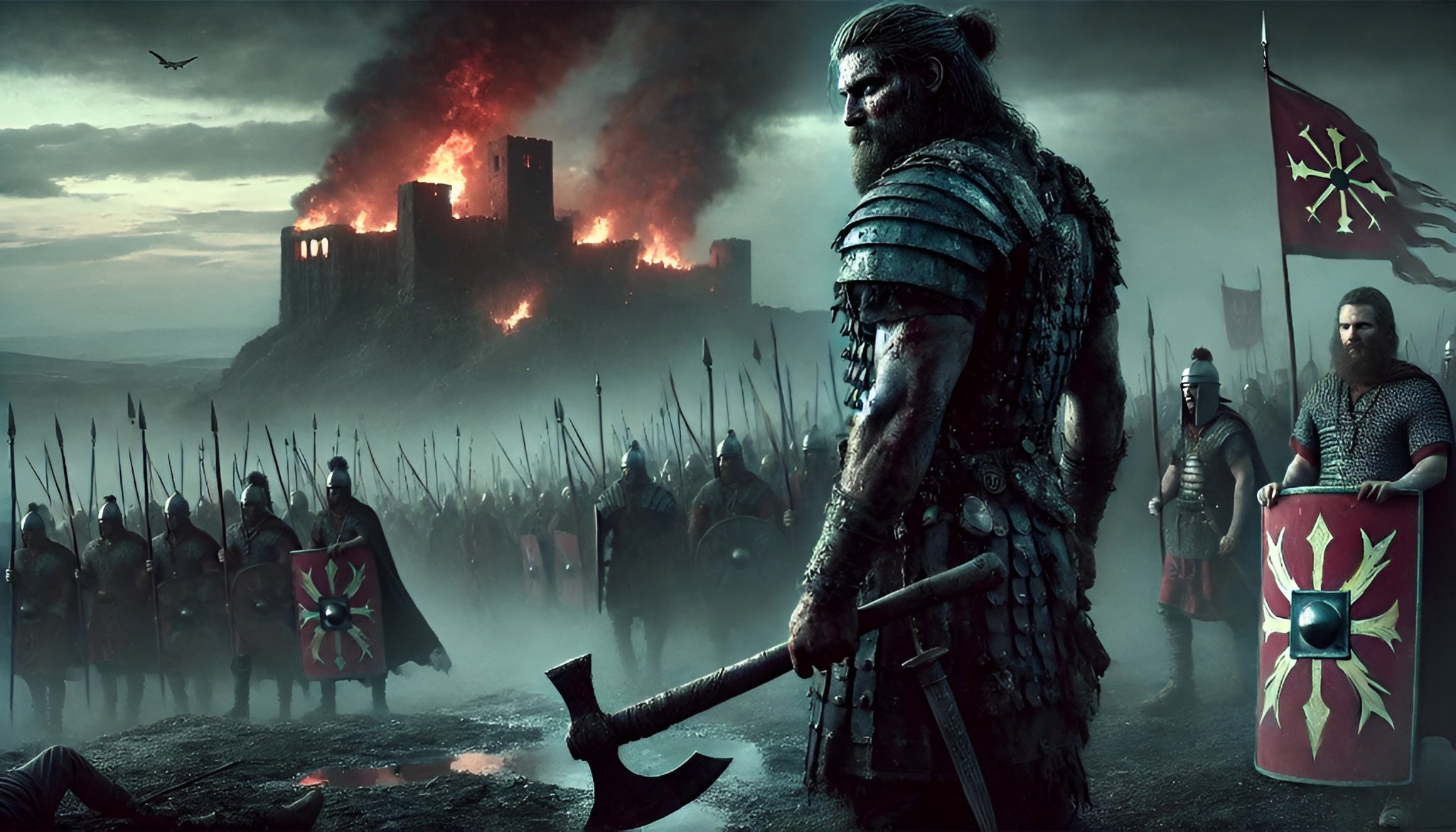 Framed Germanic battle wall art showing a warlord before a fallen Roman fortress at dawn