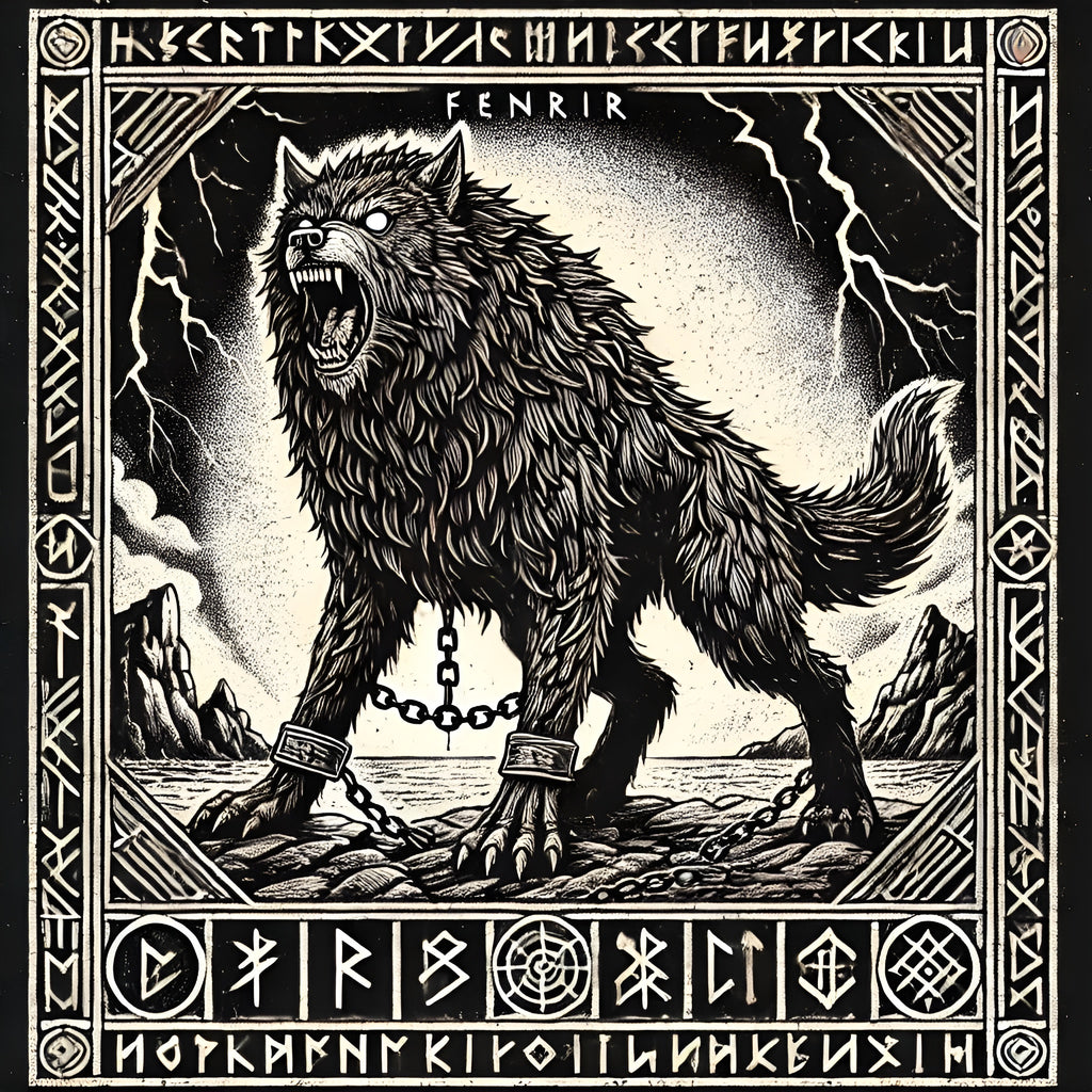 Framed Norse wolf wall art depicting Fenrir bound by chains