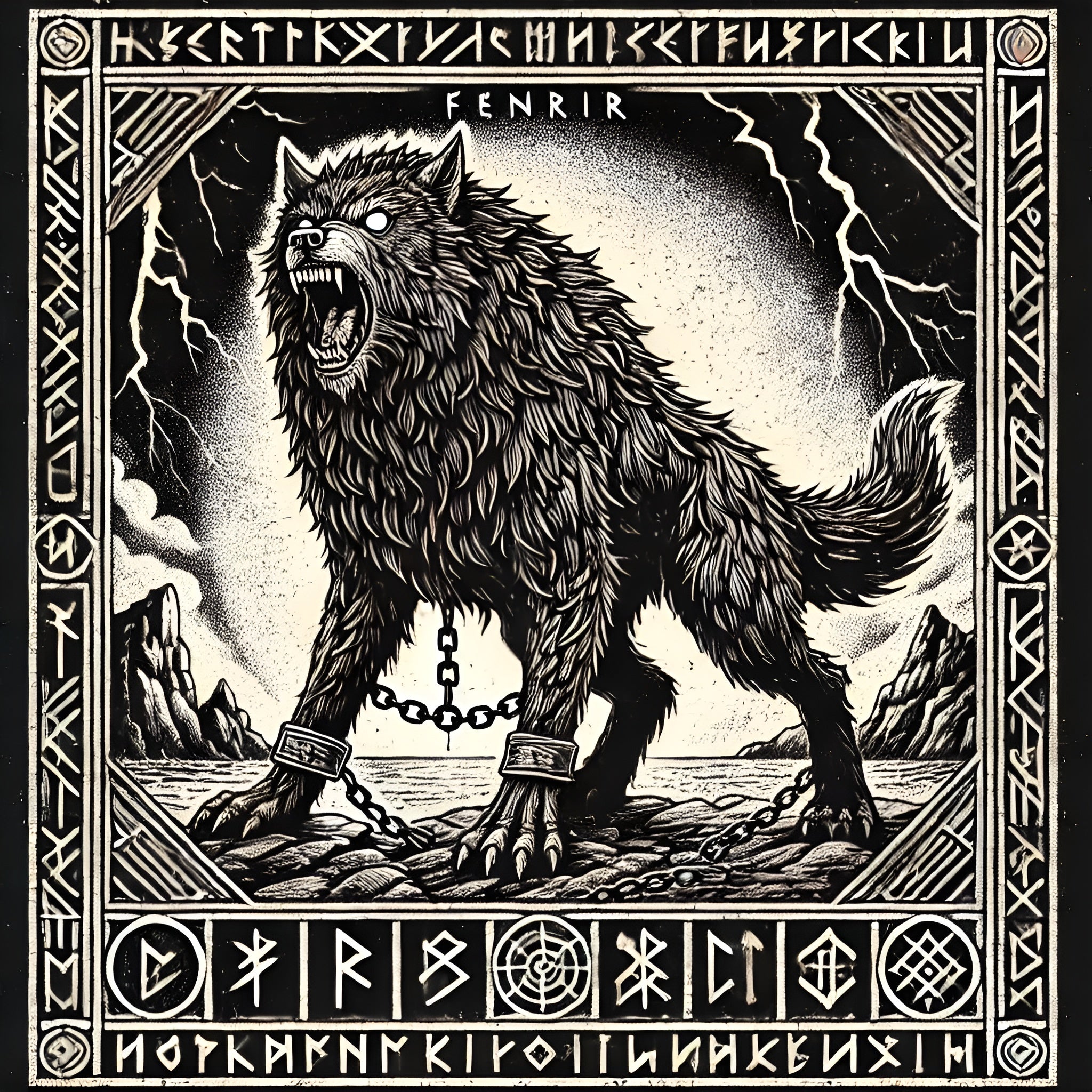 Framed Norse wolf wall art depicting Fenrir bound by chains