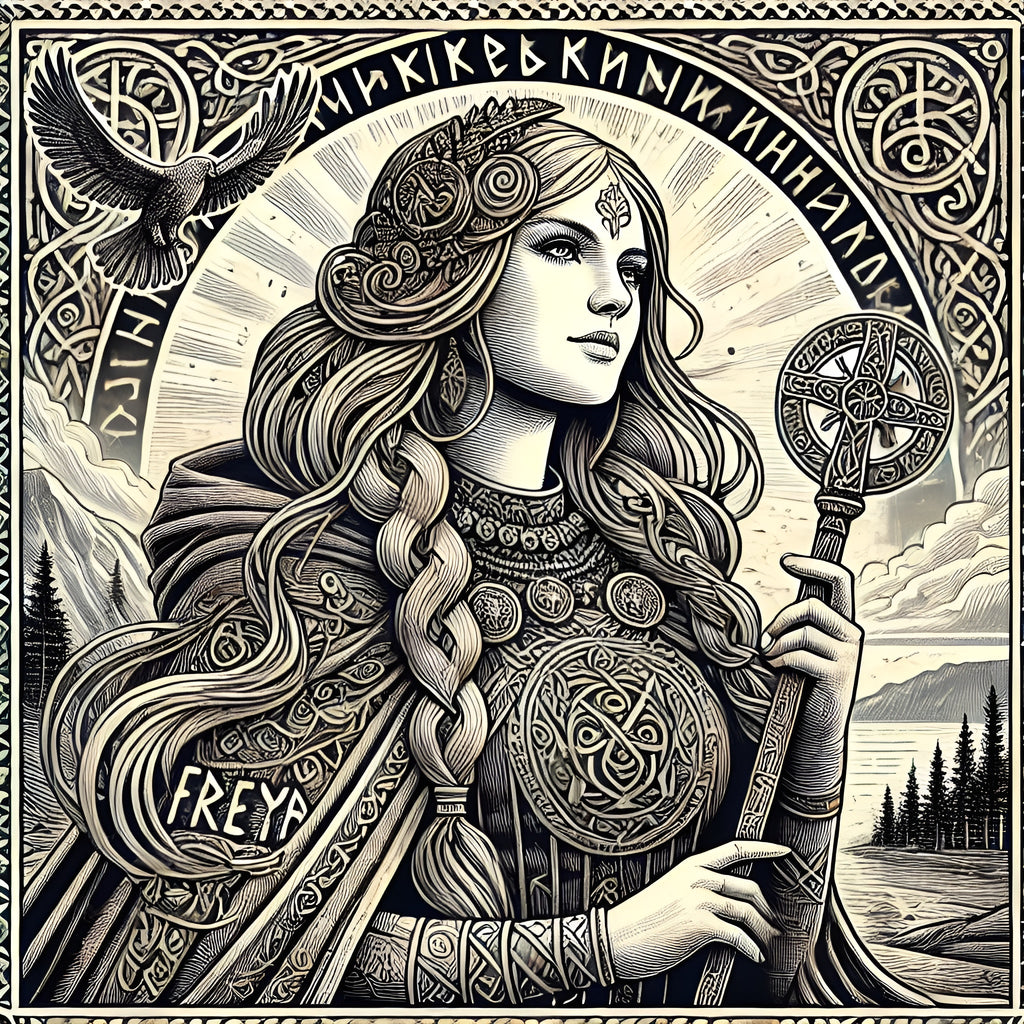 Framed Norse goddess wall art depicting Freya with Brísingamen and staff