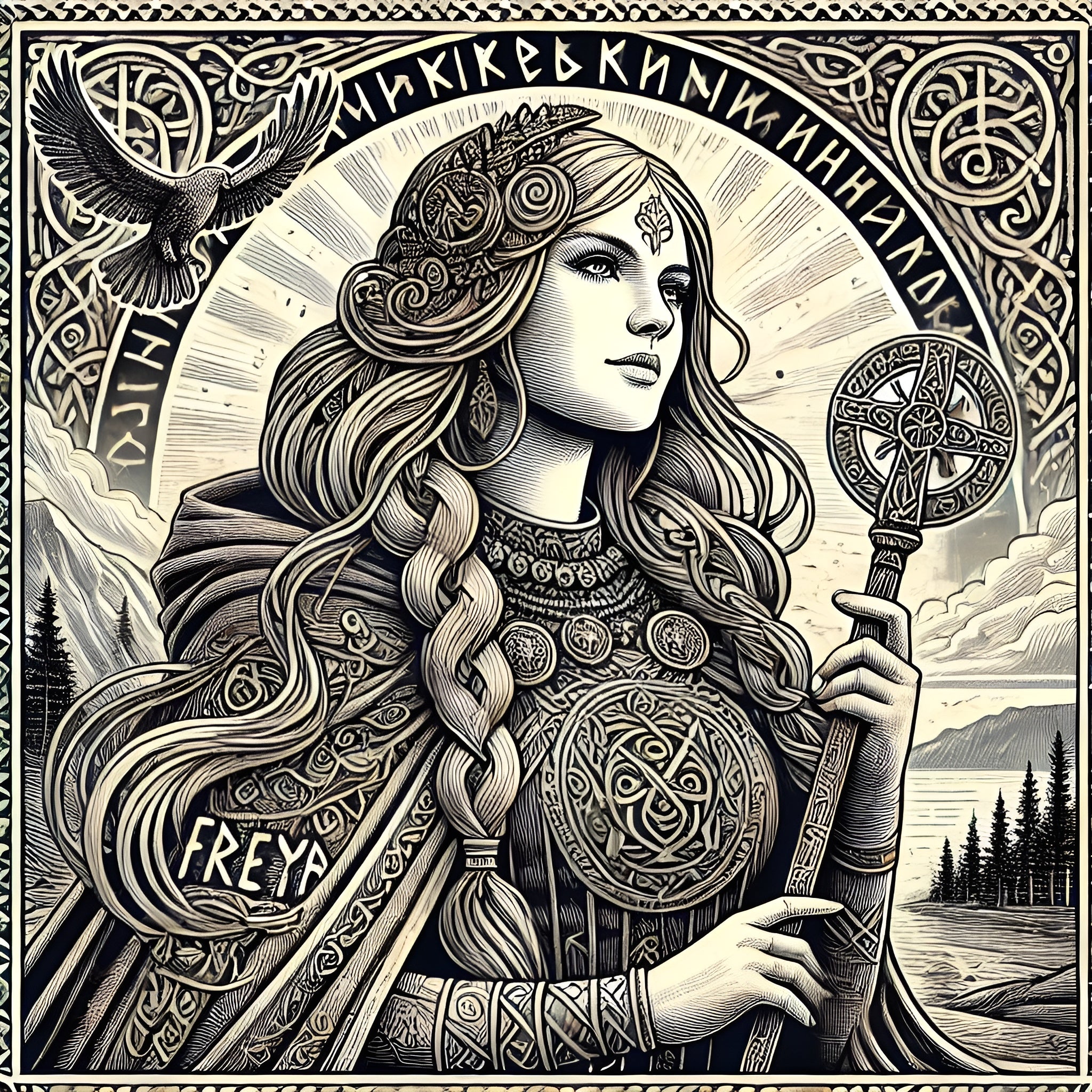 Framed Norse goddess wall art depicting Freya with Brísingamen and staff