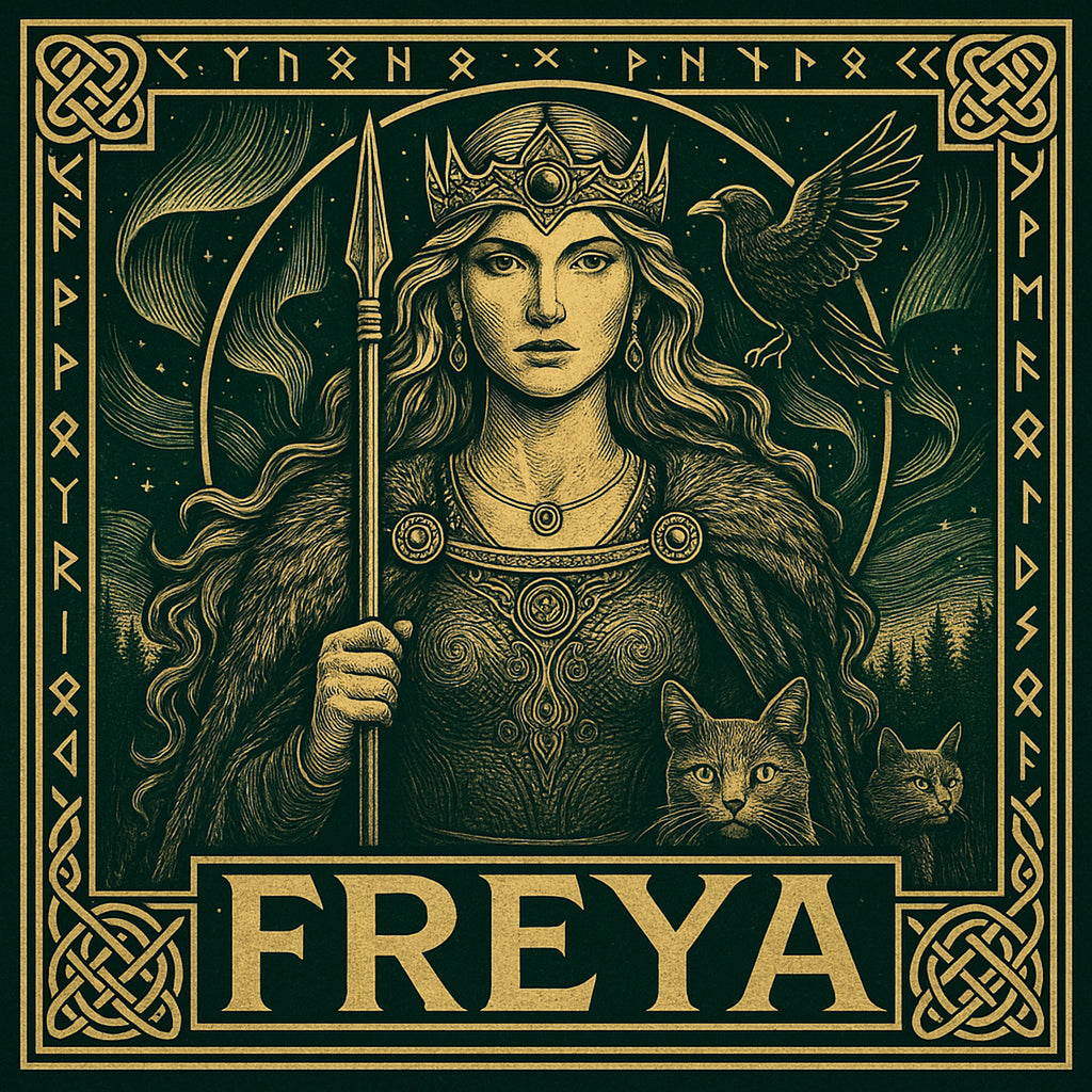 Framed Norse goddess wall art of Freya with her sacred cats and Elder Futhark runes, Viking mythology print