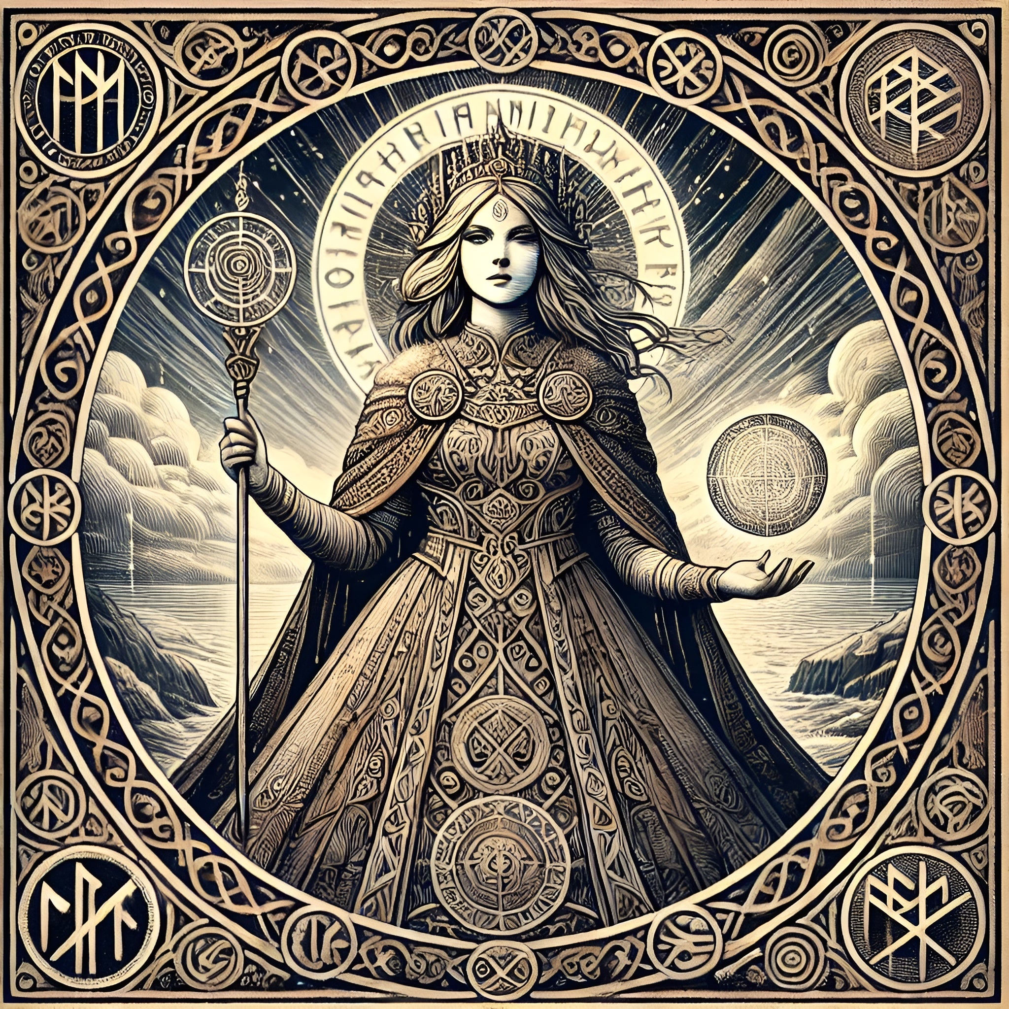 Framed Norse goddess wall art depicting Frigga seated in regal calm