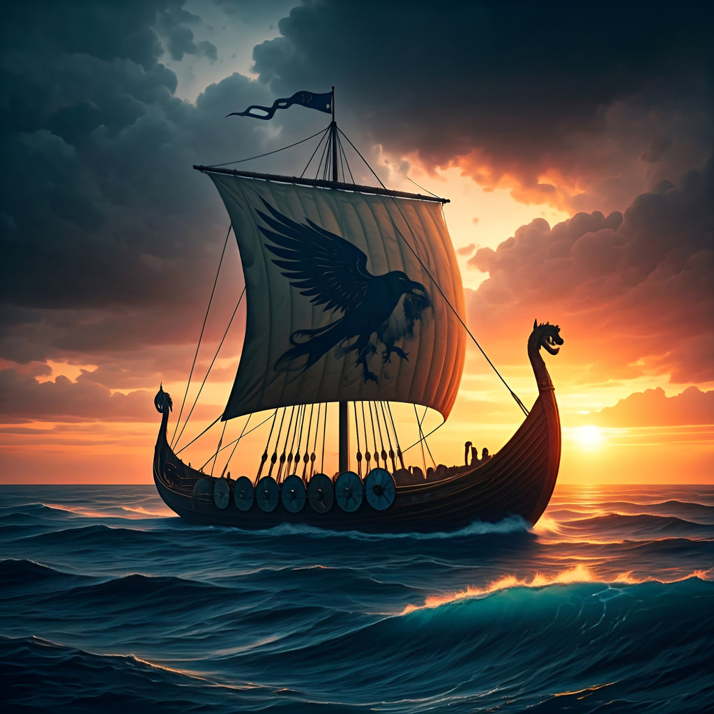 Framed Viking longship wall art sailing toward sunset over calm sea