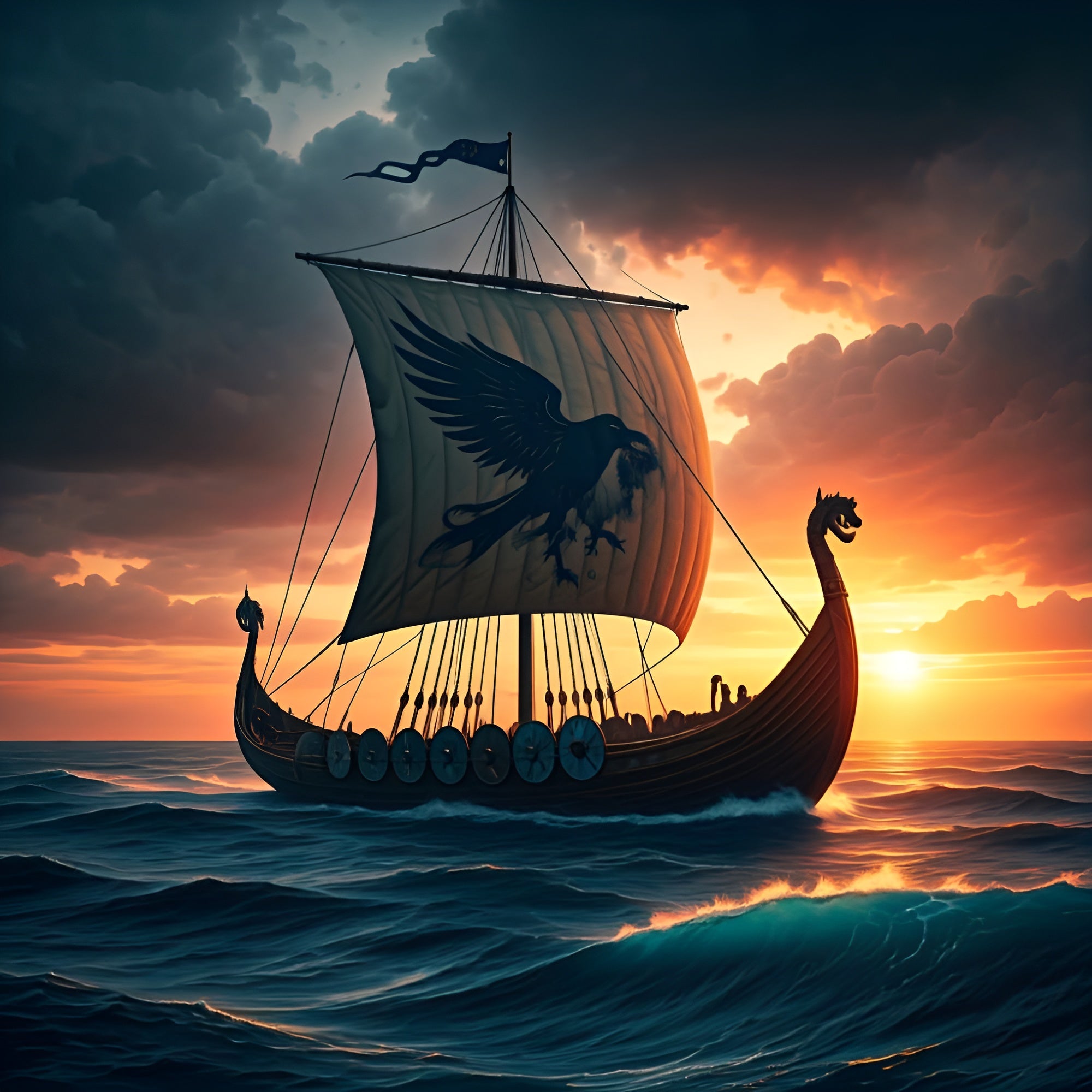 Framed Viking longship wall art sailing toward sunset over calm sea