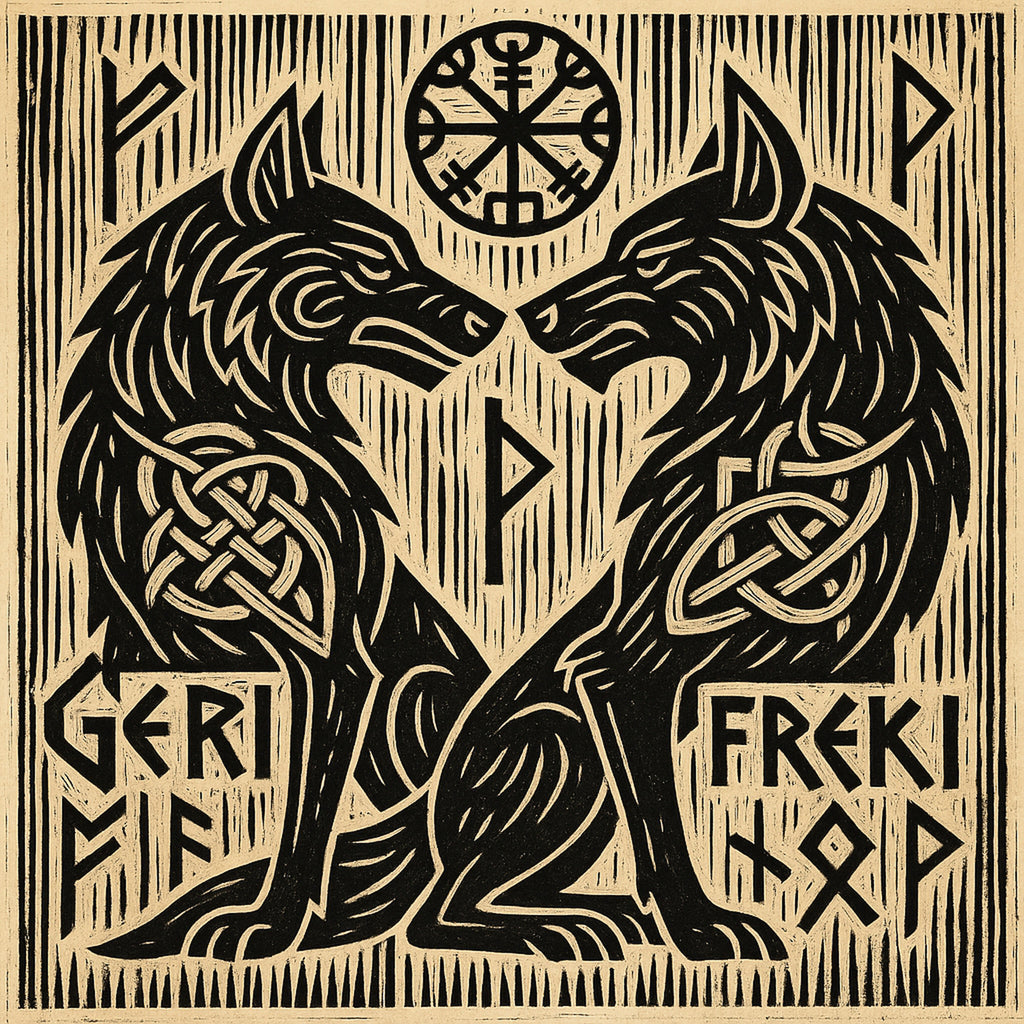 Framed Norse wall art depicting Geri and Freki, Odin’s twin wolves, in a woodcut-style Viking design