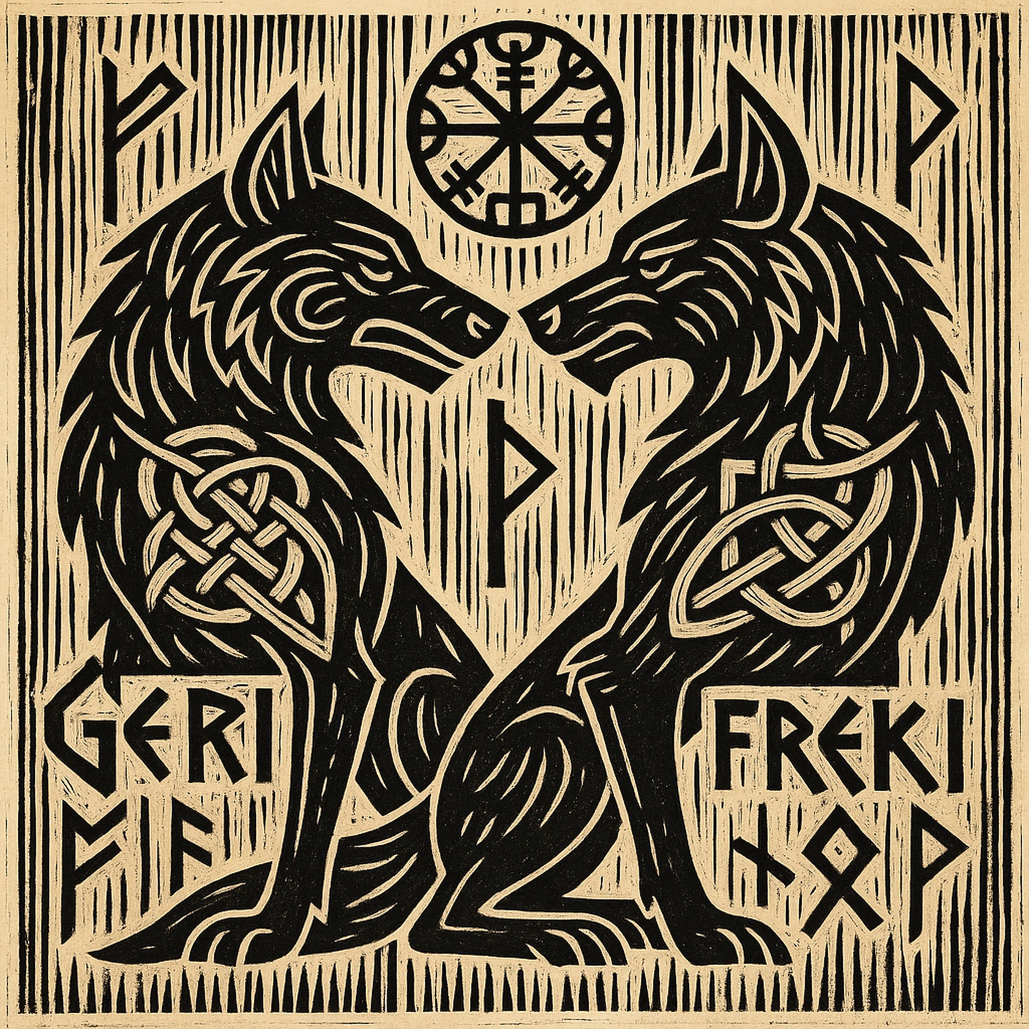 Framed Norse wall art depicting Geri and Freki, Odin’s twin wolves, in a woodcut-style Viking design