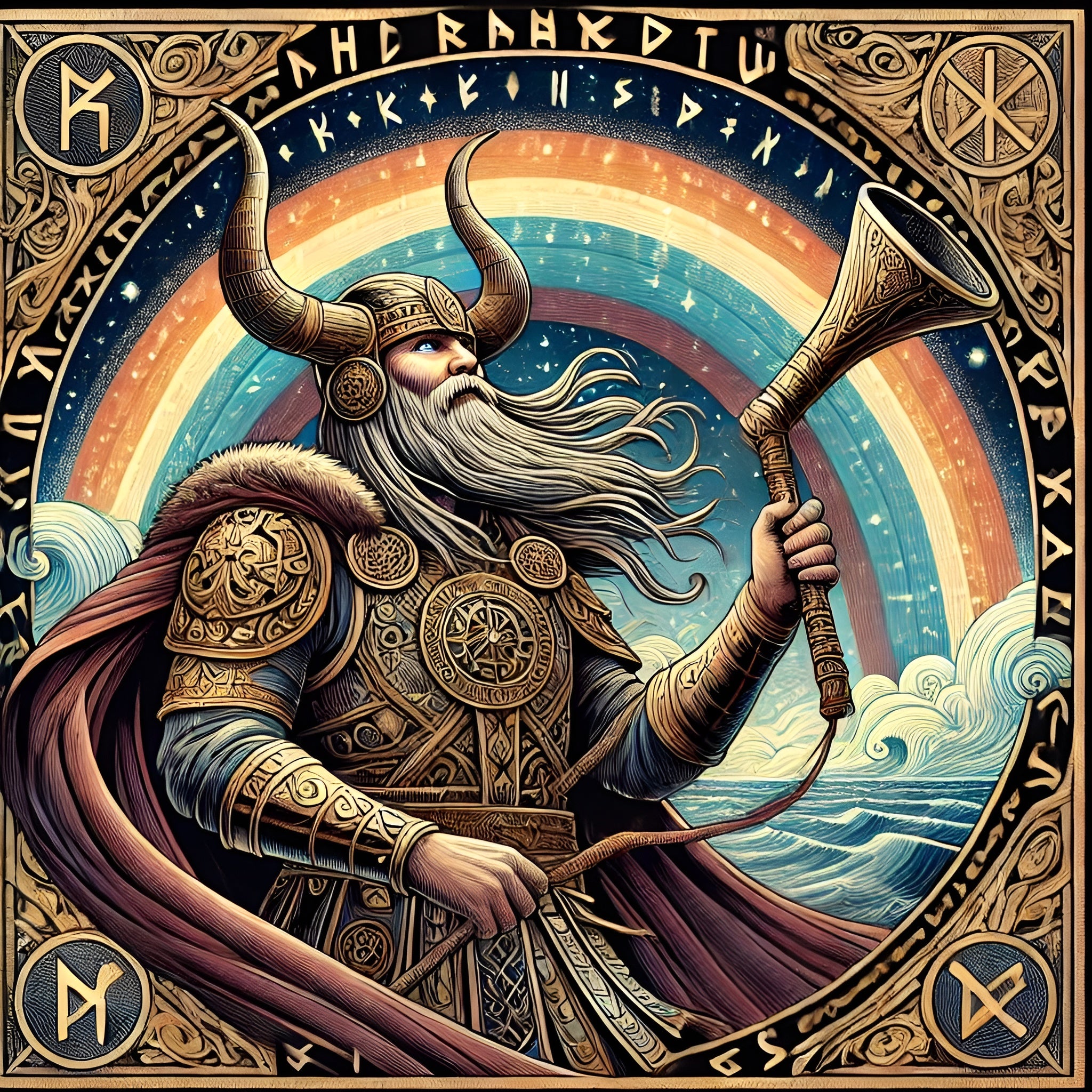 Framed Norse mythology wall art depicting Heimdall guarding the Bifröst