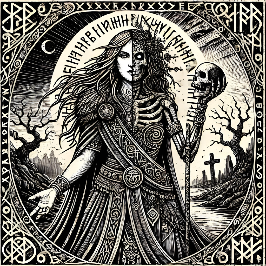 Framed Norse goddess Hel wall art showing half living and half skeletal figure