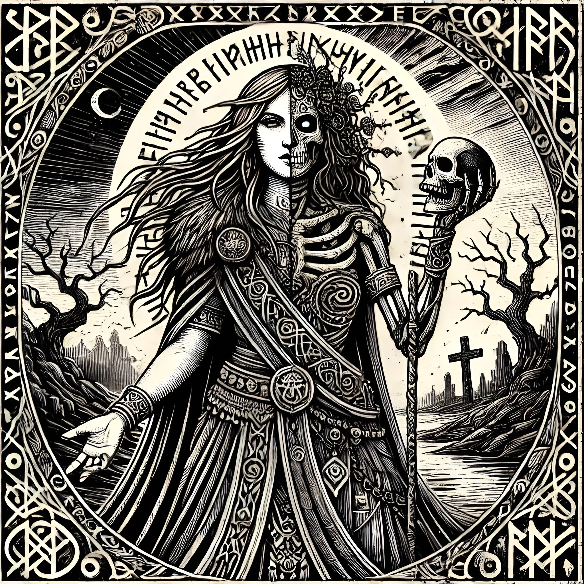 Framed Norse goddess Hel wall art showing half living and half skeletal figure