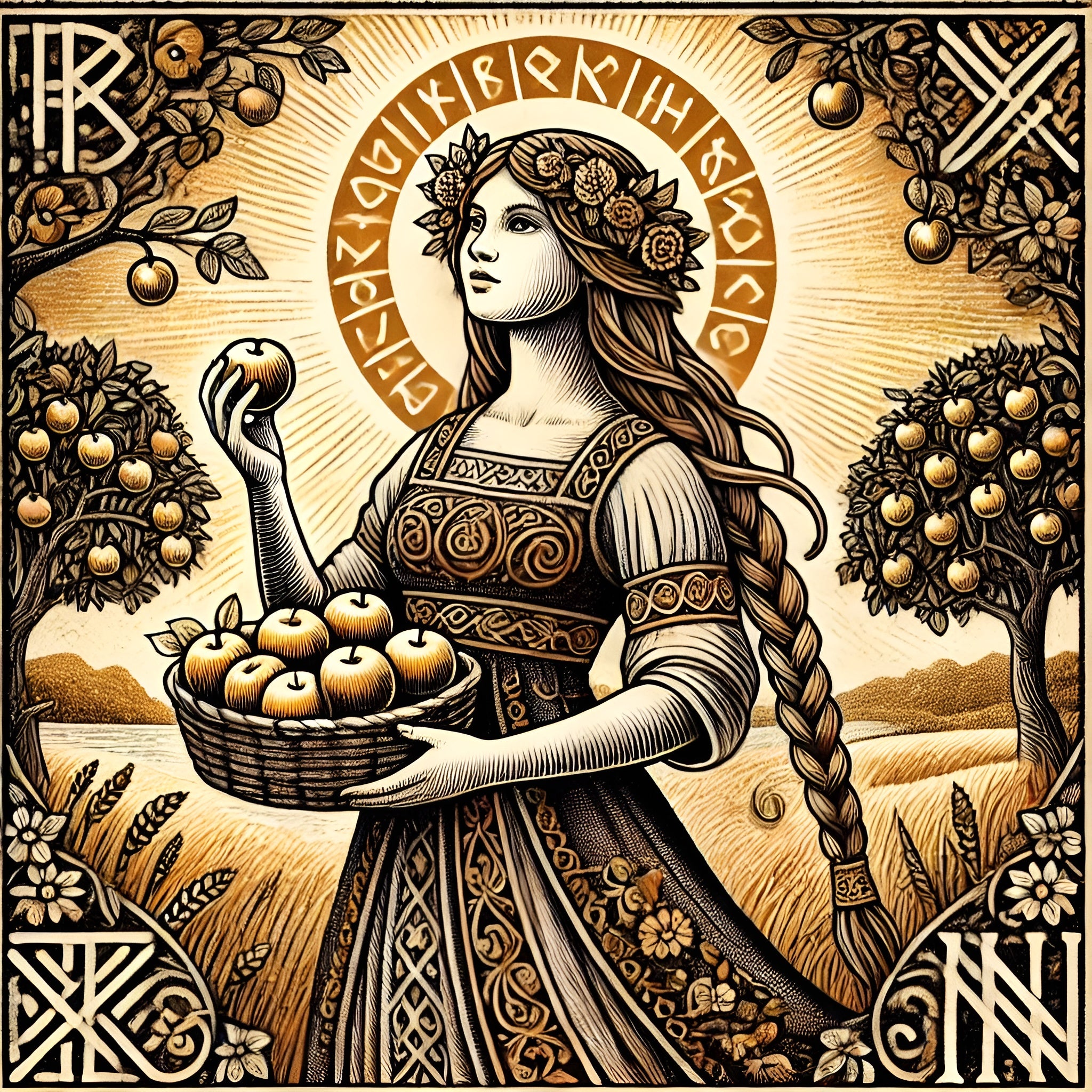 Framed Norse goddess wall art depicting Idun holding golden apples in a quiet orchard