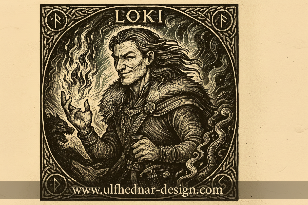 Framed Norse wall art depicting Loki, god of mischief and transformation, with fire and runes in a dark forest