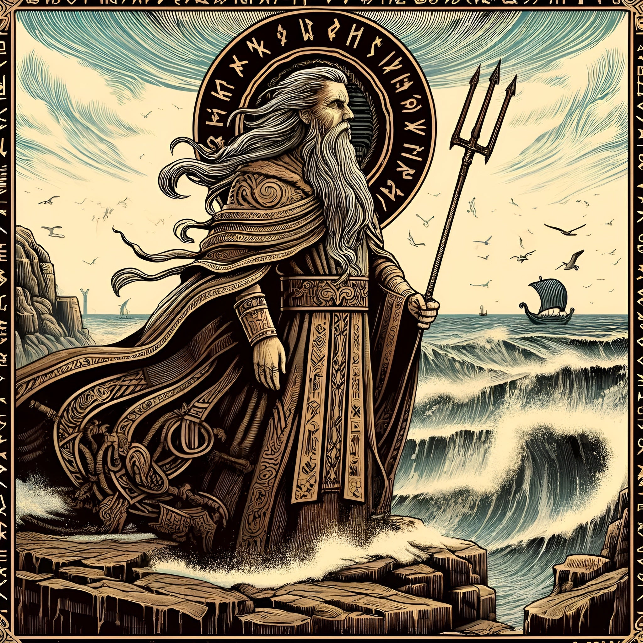 Framed Norse mythology wall art depicting Njord, god of the sea and prosperity, standing by ocean waves