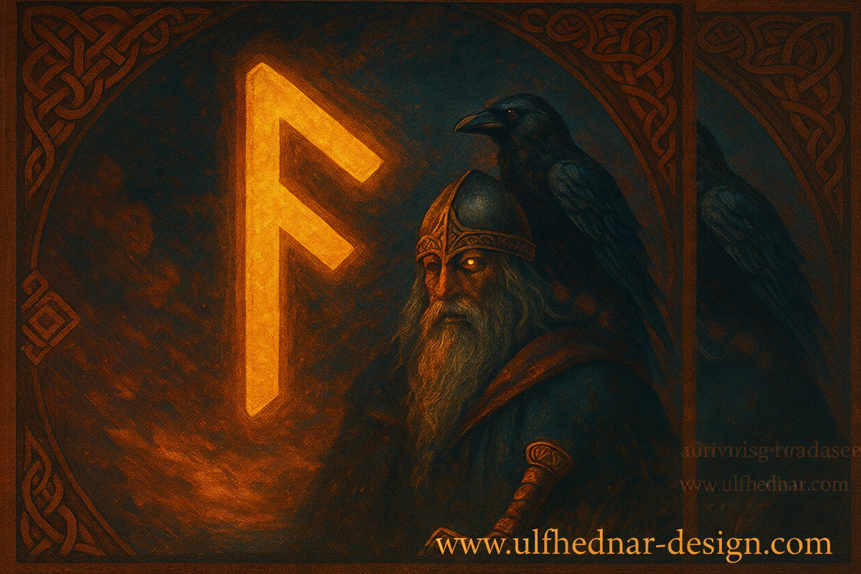 Framed Viking wall art depicting Odin with raven and the Ansuz rune, Norse symbol of wisdom and divine speech