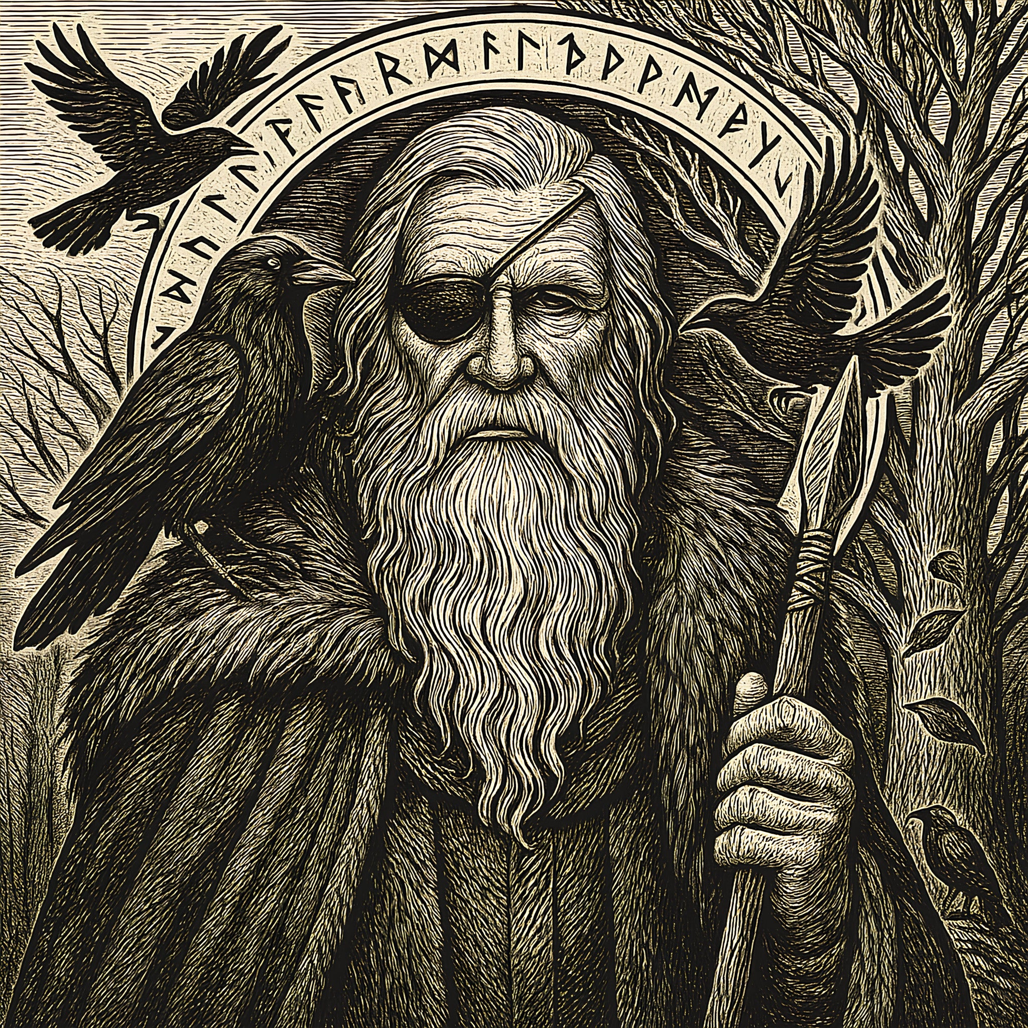 Framed wall art of Odin the Wanderer walking through a Nordic landscape with ravens and glowing runes, Norse mythology art