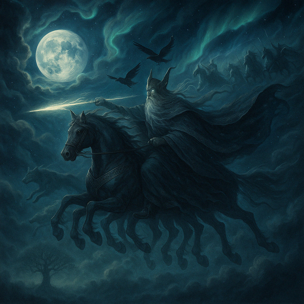 Framed Norse mythology wall art showing Odin leading the Wild Hunt beneath a full moon