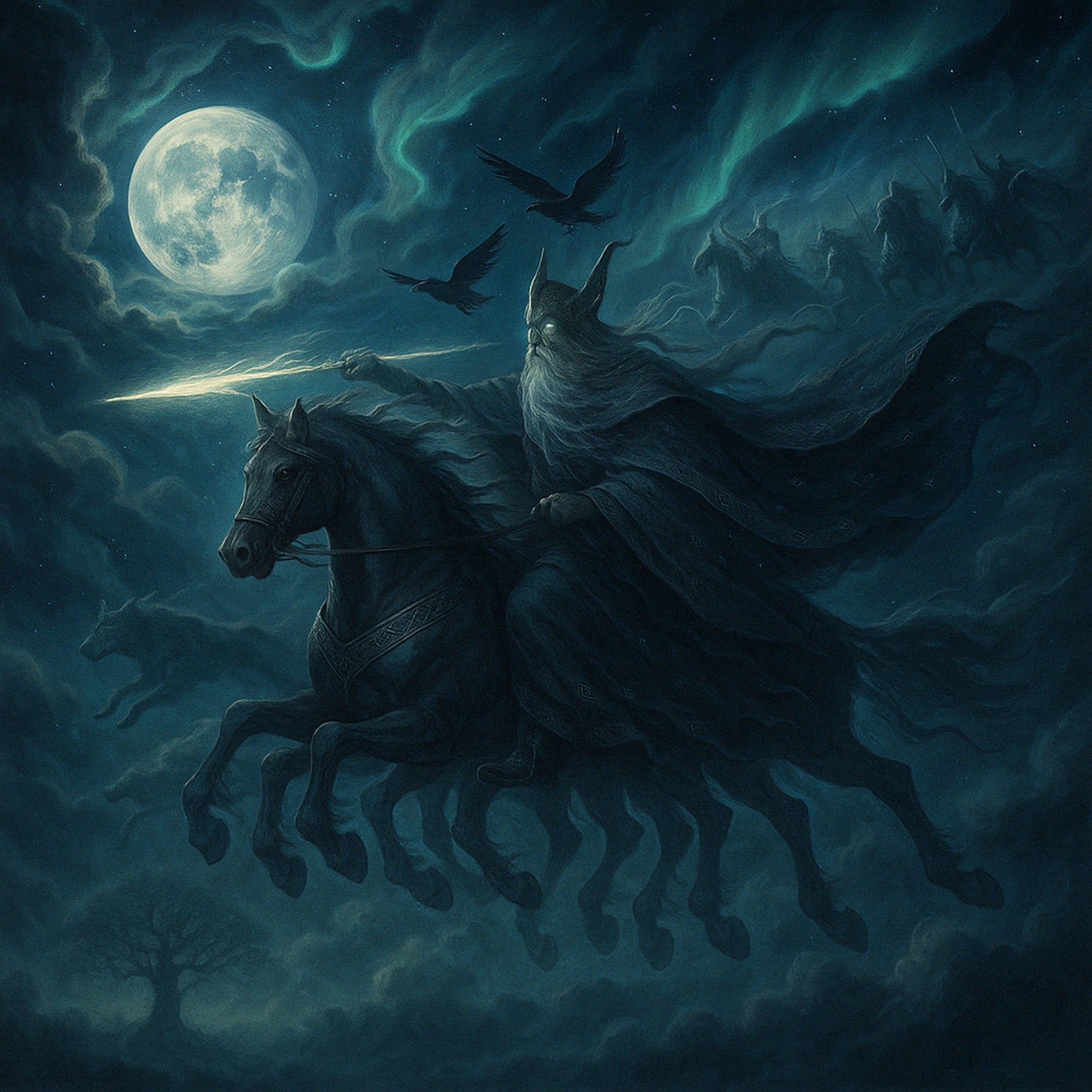 Framed Norse mythology wall art showing Odin leading the Wild Hunt beneath a full moon