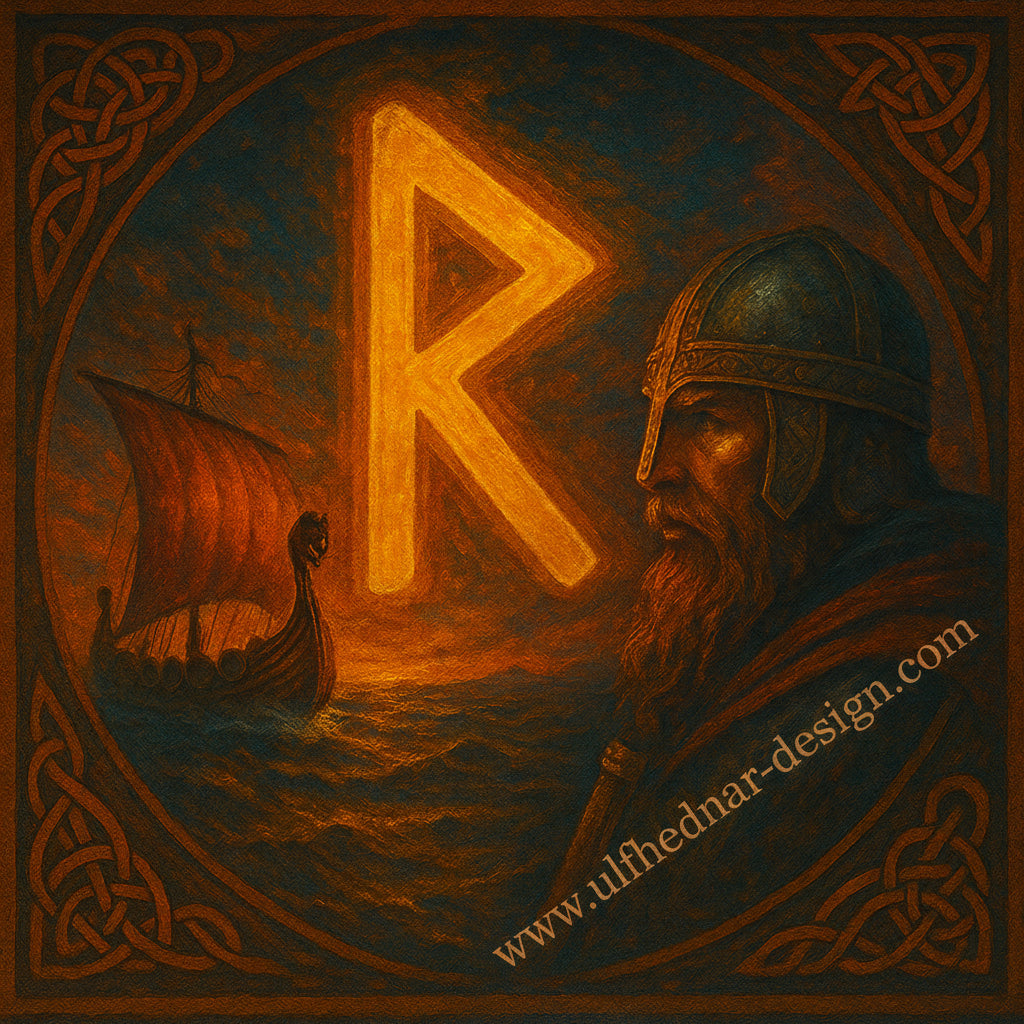 Framed Viking wall art featuring the Raidho rune, Norse symbol of journey and destiny, with a Viking warrior and longship