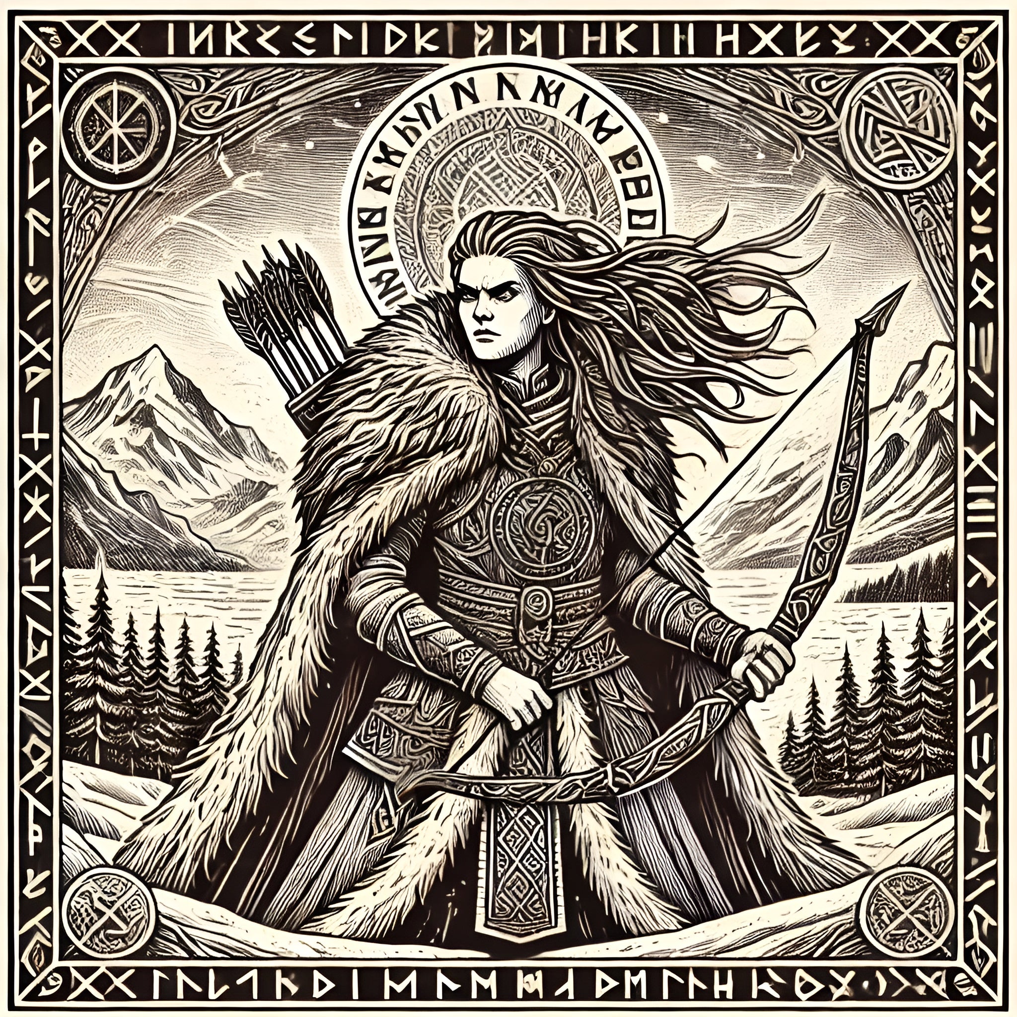 Framed Norse mythology wall art depicting Skadi, goddess of winter and the hunt, in a snowy mountain setting