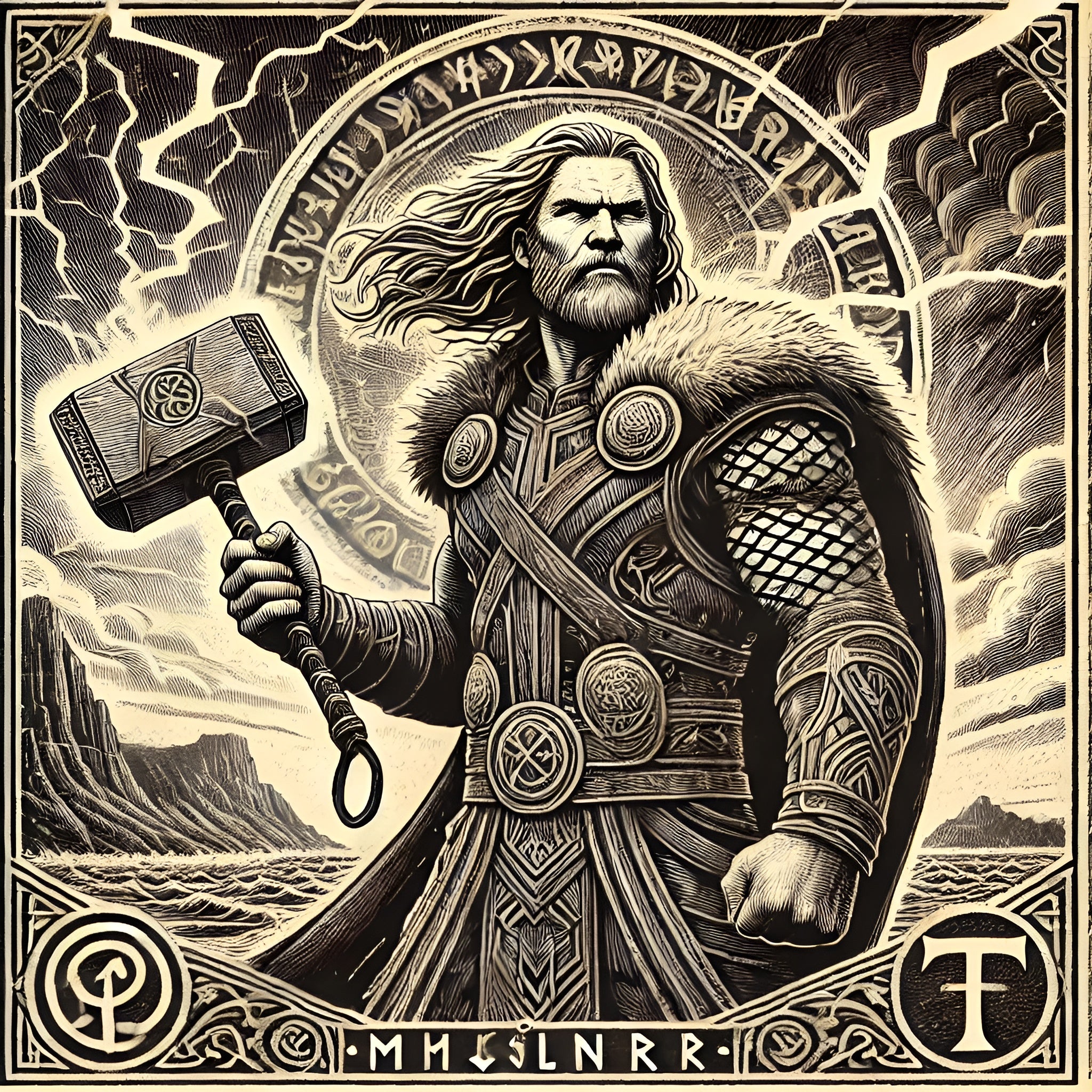 Framed Norse mythology wall art depicting Thor with Mjölnir under a stormy sky