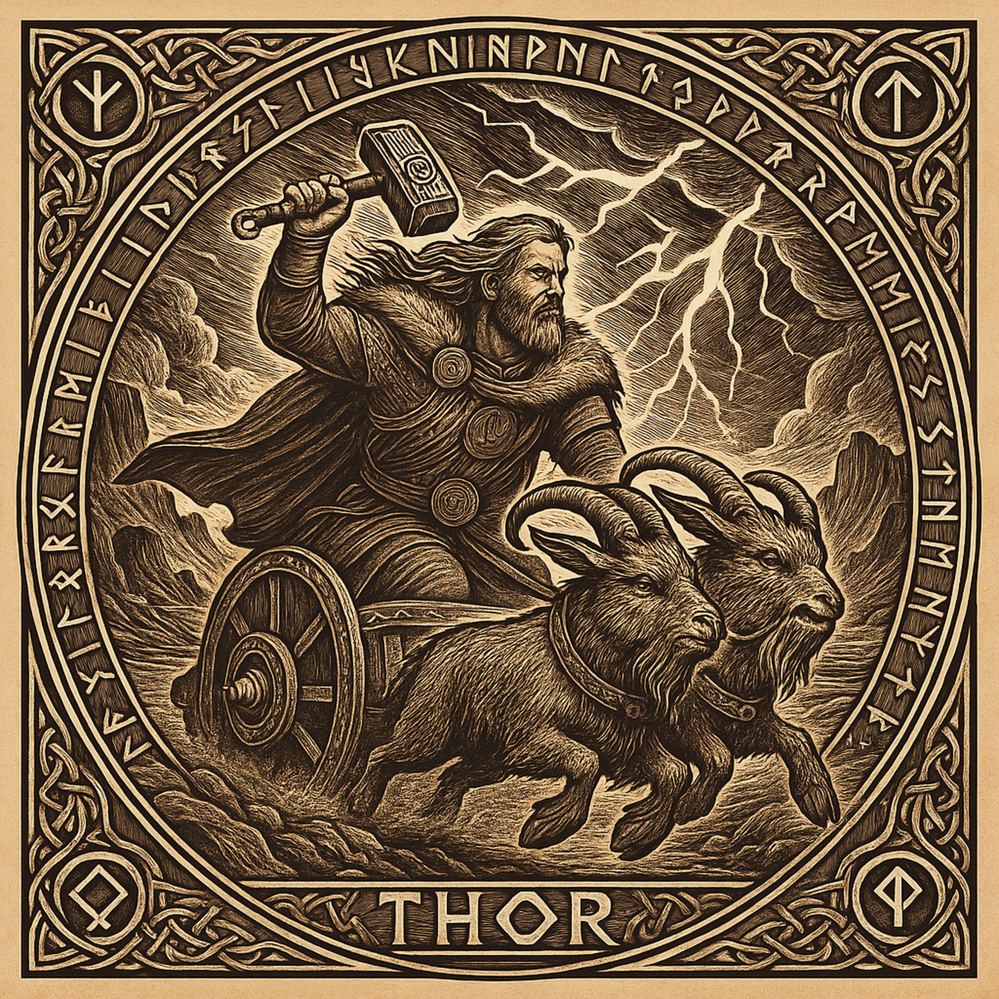 Framed Viking wall art depicting Thor with Mjölnir in his chariot drawn by goats, Norse mythology artwork