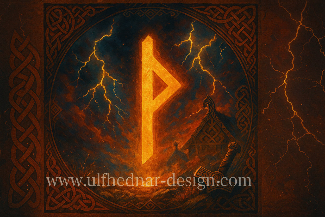 Framed Viking wall art featuring the Thurisaz rune, Thor’s hammer Mjölnir, and a stormy Norse scene