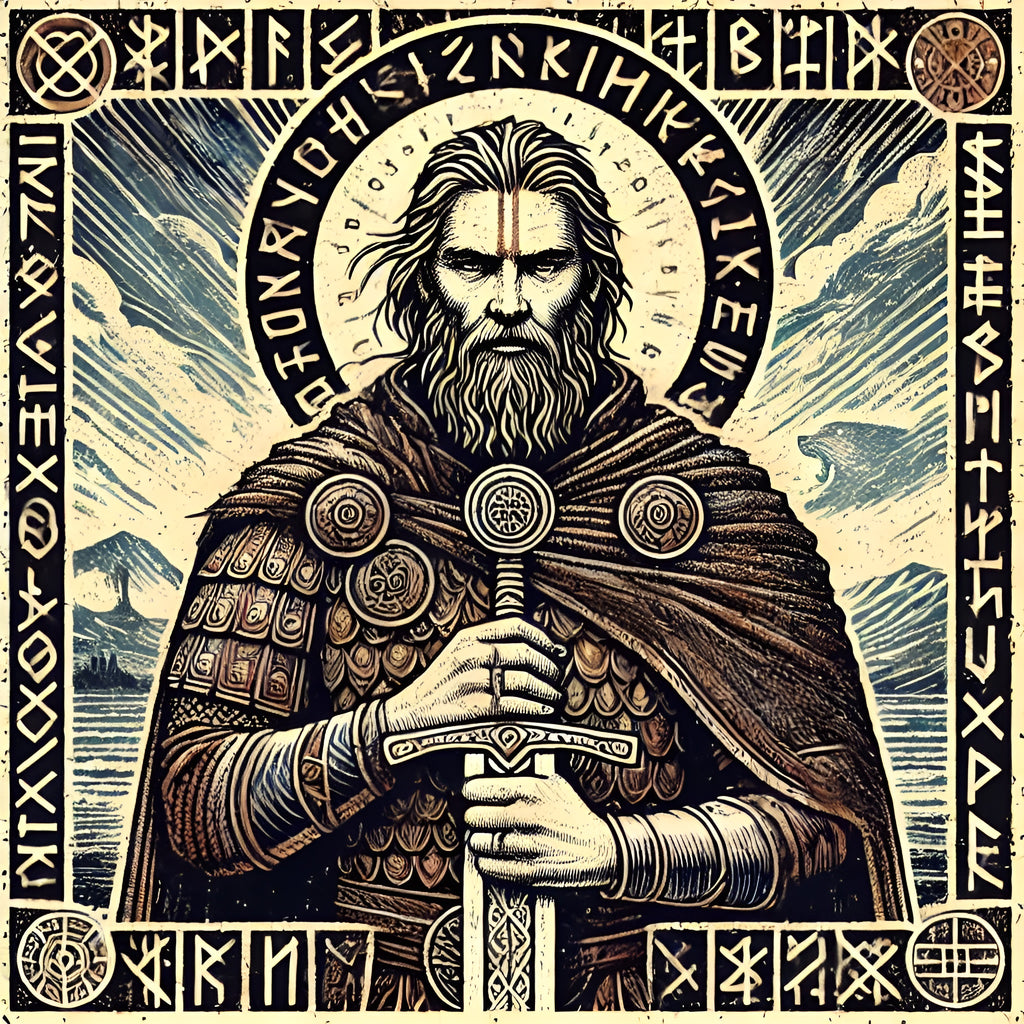 Framed Norse mythology wall art depicting Tyr, god of justice, holding a sword and surrounded by runes