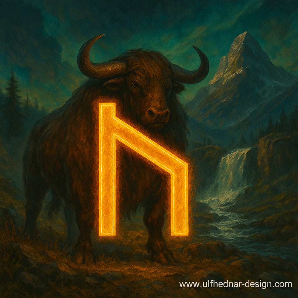Framed Viking wall art featuring the Uruz rune and an aurochs, symbol of strength and vitality in Norse mythology