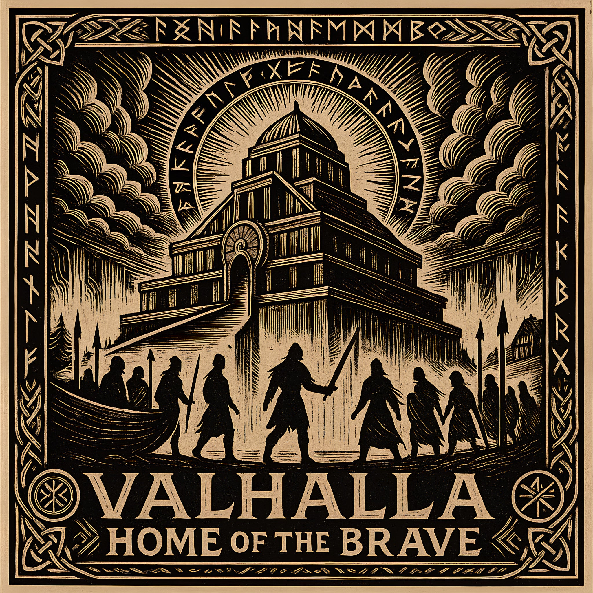 Framed Norse wall art depicting Valhalla with Einherjar warriors marching toward Odin’s hall