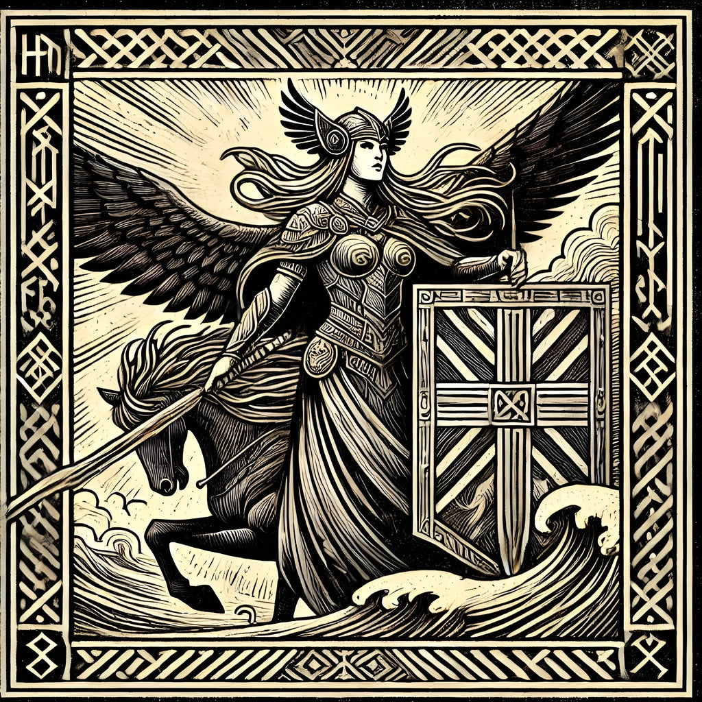 Framed Norse woodcut wall art showing a Valkyrie riding through waves with shield and wings