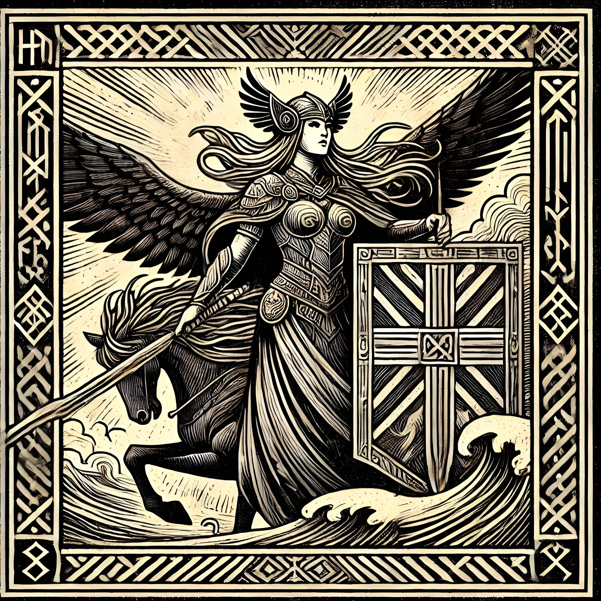 Framed Norse woodcut wall art showing a Valkyrie riding through waves with shield and wings