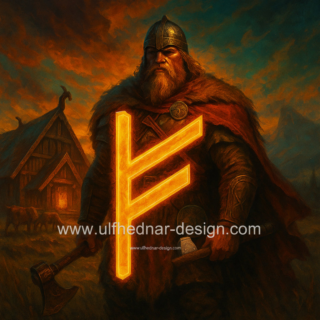 Framed Viking wall art featuring the Fehu rune on a warrior, symbol of wealth and prosperity in Norse mythology