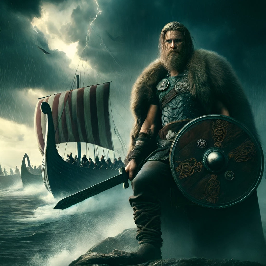 Framed Viking wall art depicting Leif Erikson standing on a stormy shore with longships approaching Vinland