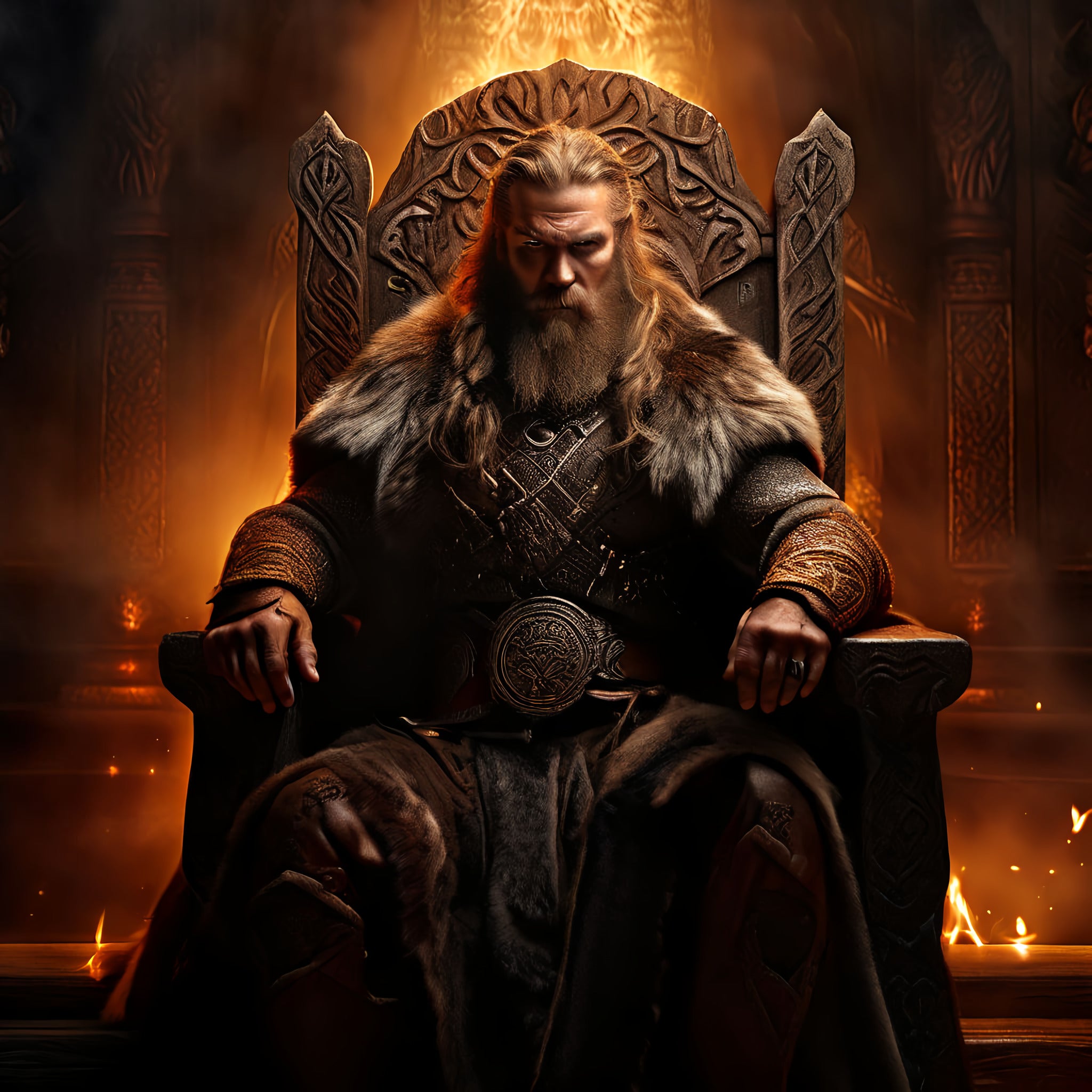 Framed Viking jarl wall art depicting a Norse leader seated on a throne