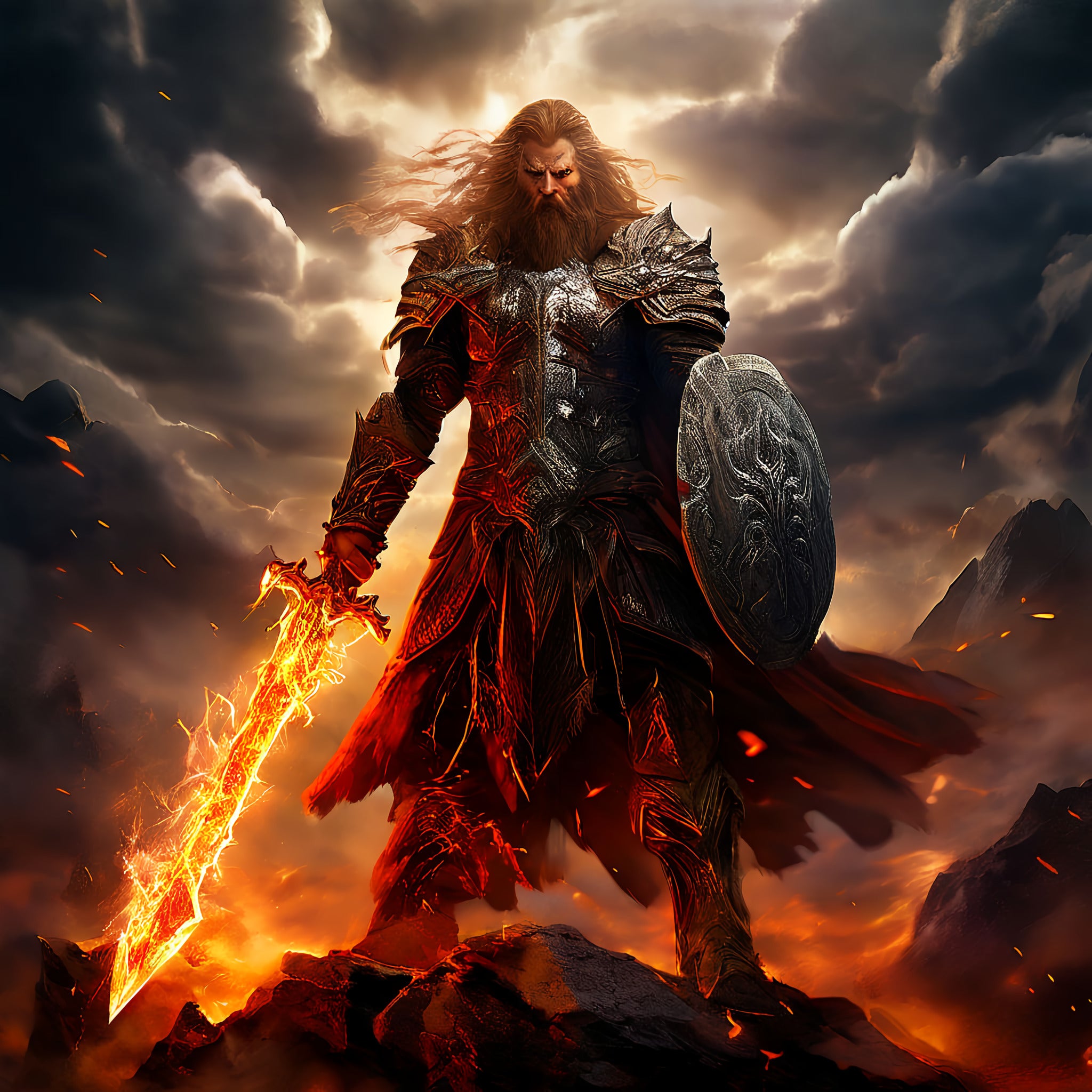 Framed Norse god wall art depicting Tyr standing resolute beneath stormy skies
