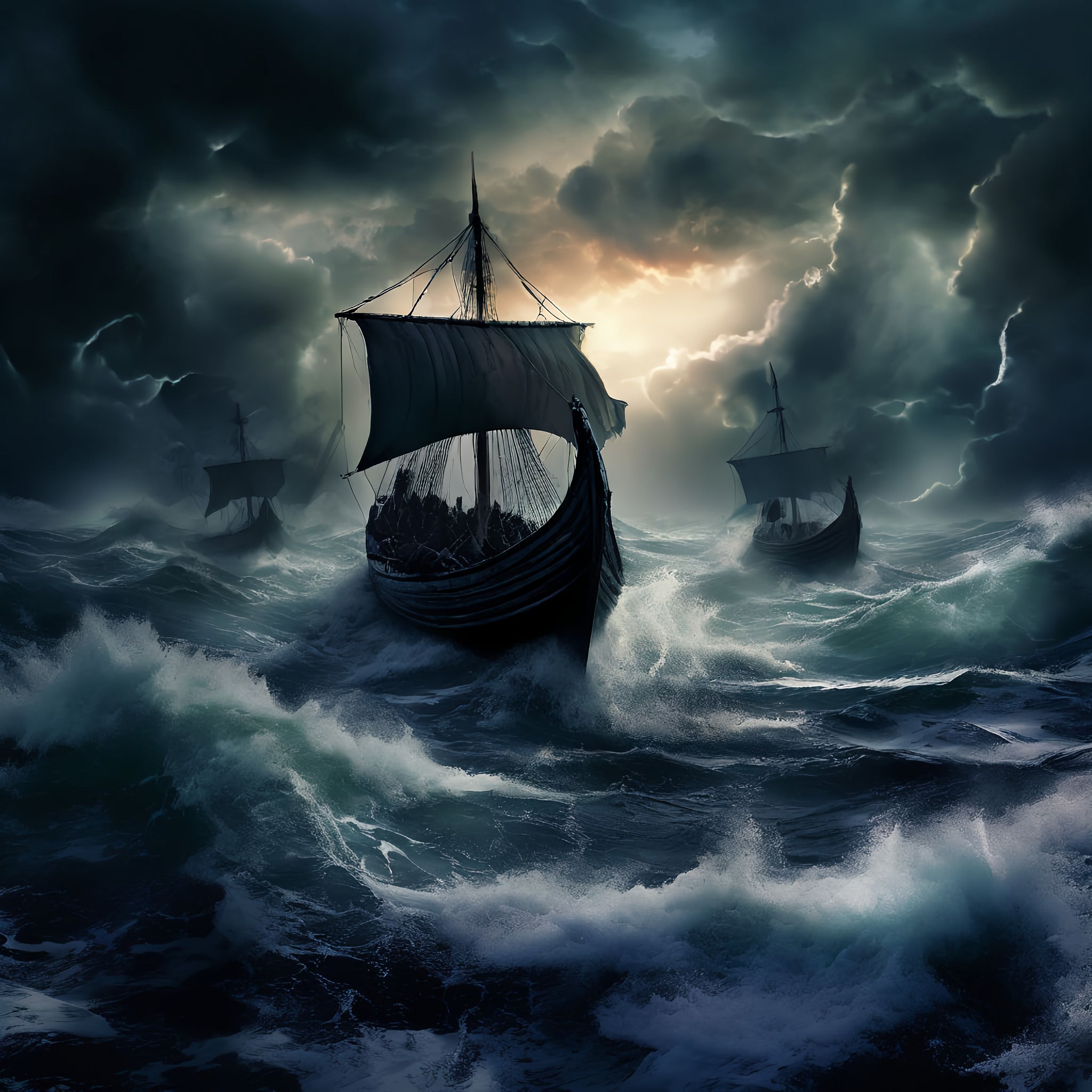 Framed Viking longship storm wall art showing fleet sailing through raging sea