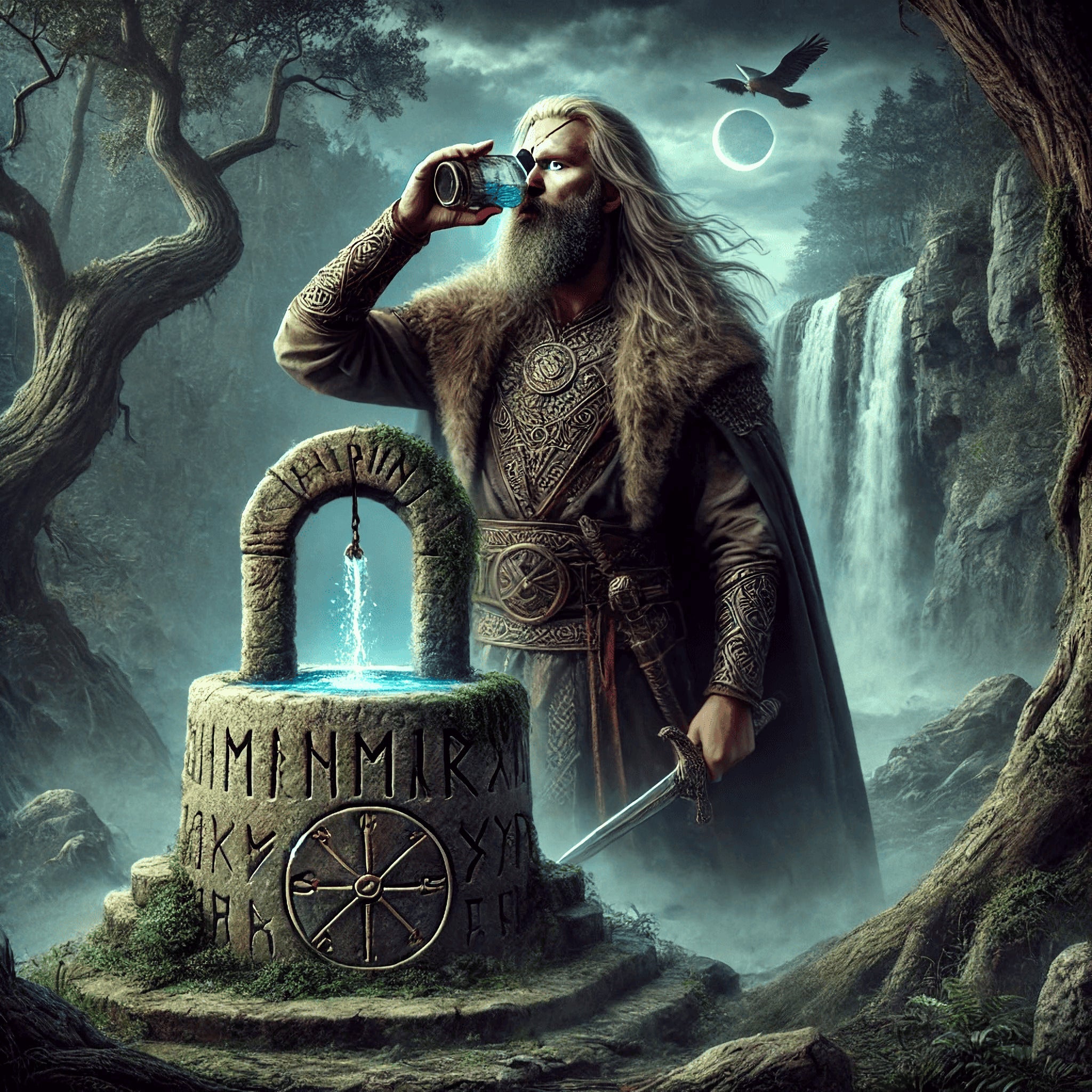 Framed Norse mythology wall art depicting Odin at Mimir’s Well
