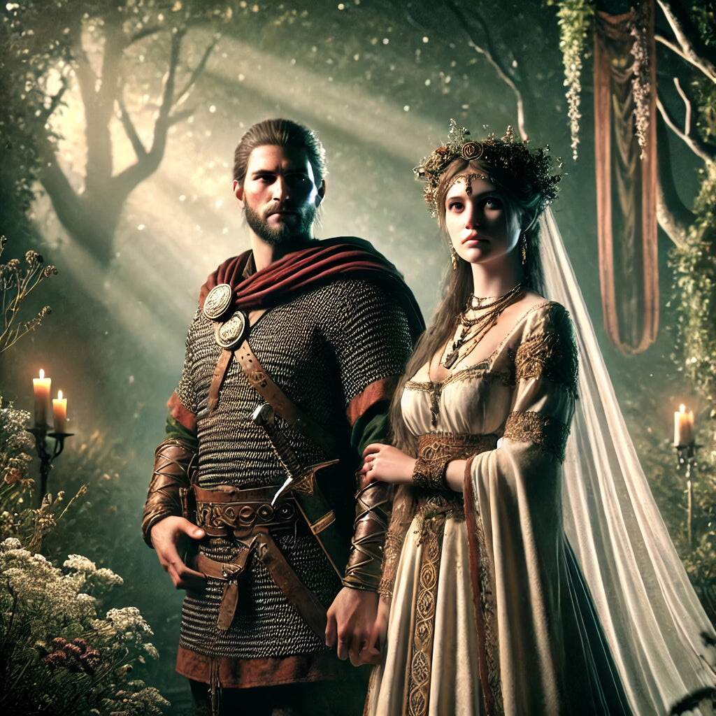 Framed Viking wedding wall art depicting a Norse couple bound by ancient vows