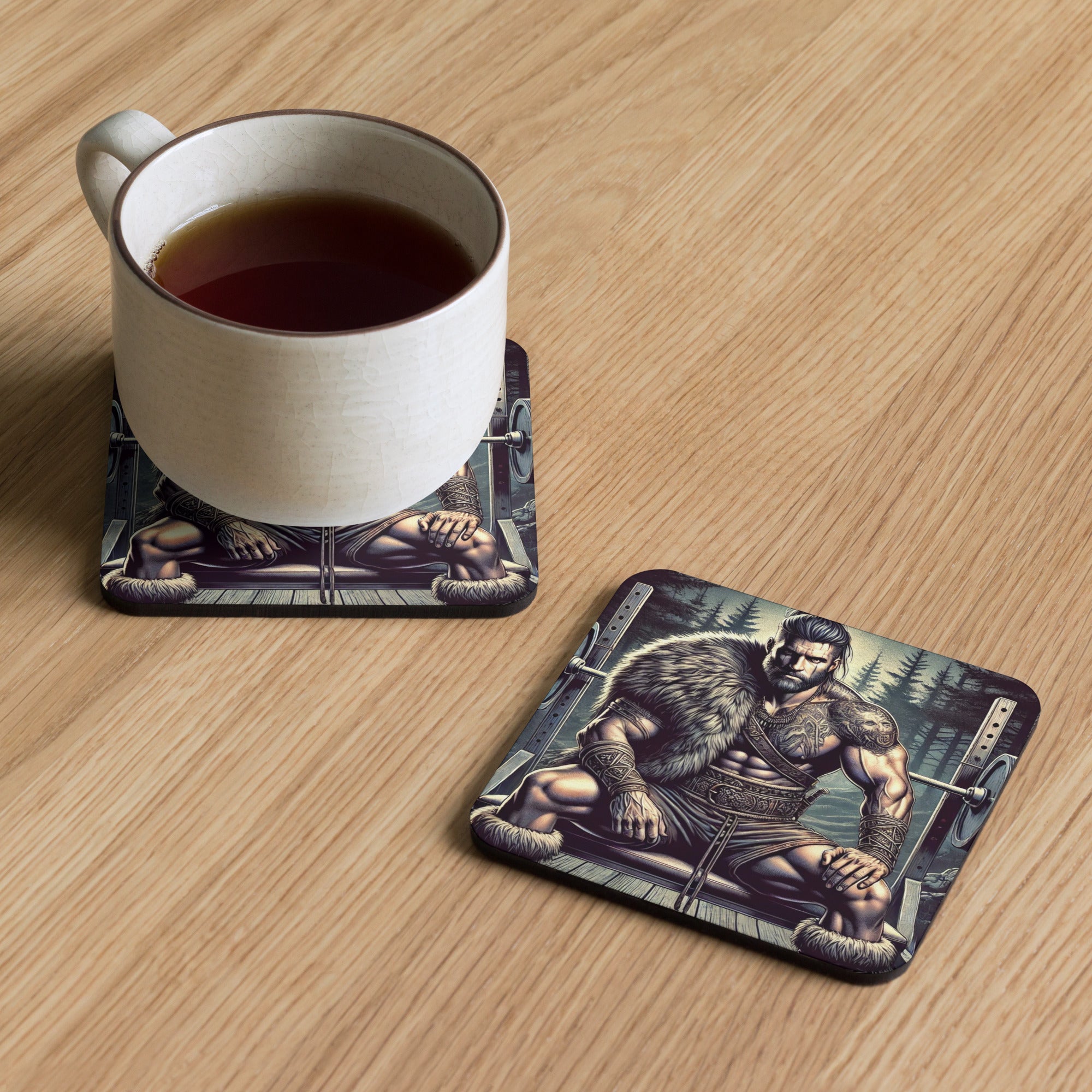 Viking berserker cork coaster with Norse warrior woodcut design, mug and table protector