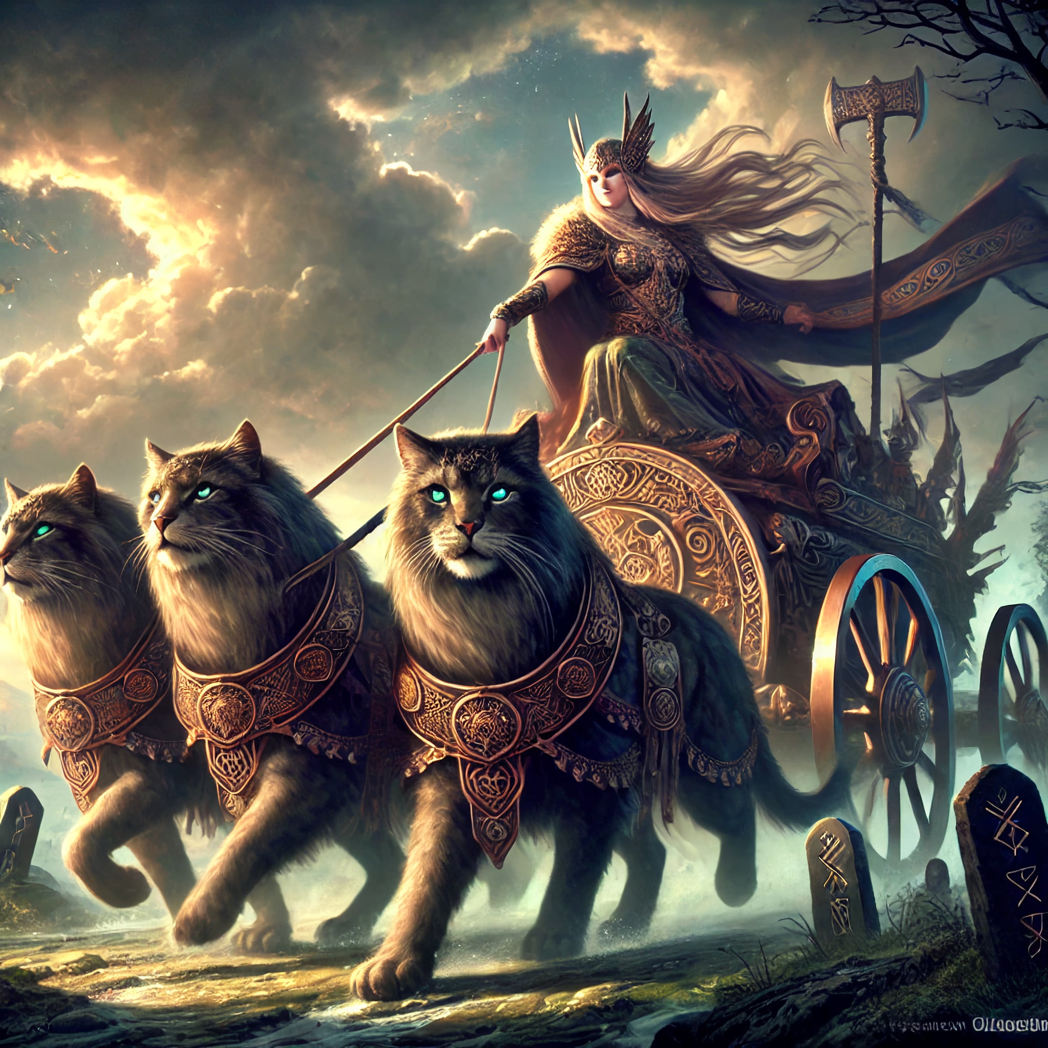 Framed Freya Norse goddess wall art riding a chariot drawn by giant cats
